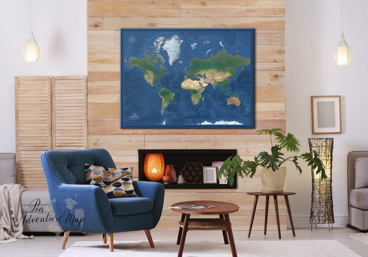 Modern Satellite World Wall Map with Push Pins - Customizable Travel Map on Premium Canvas - Personalized Push Pin World Map (24x32 to 40x53 inches) - Perfect for Home Office Decor & Travel Tracking