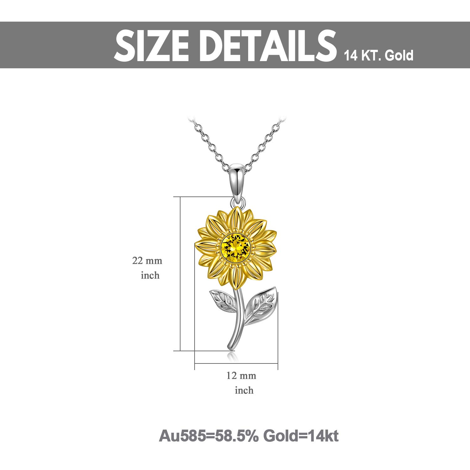 14K Real Gold Sunflower Necklace for Women - You Are My Sunshine Gold Pendant with Crystal, Birthday Anniversary Gift for Mom Wife Girlfriend (16