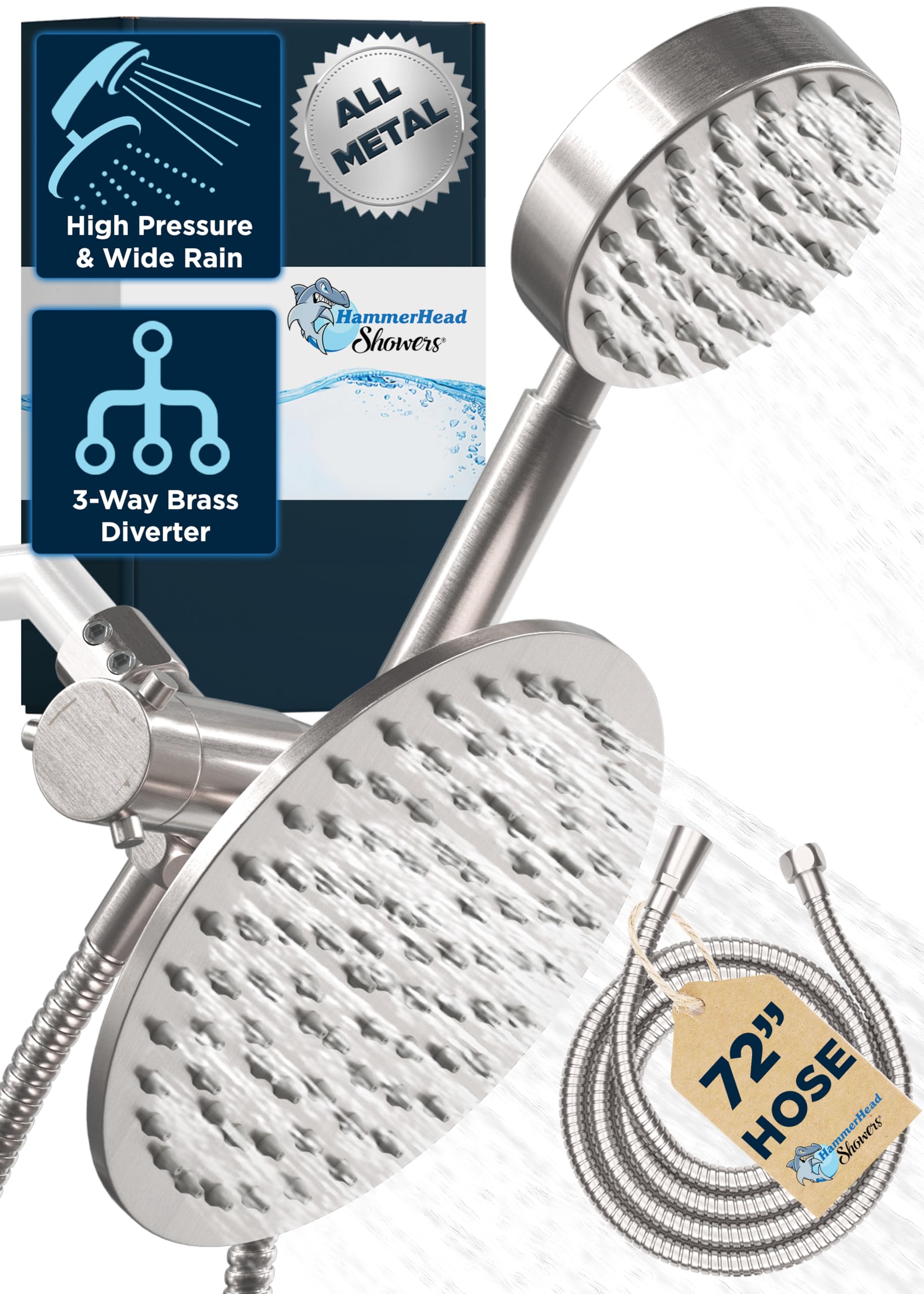HammerHead Showers® All Metal Dual Shower Head Combo - Brushed Nickel - 8 Inch Rainfall High Pressure Shower System with Handheld Spray and 6ft Hose - Perfect for Luxury Bathrooms, Spa-Like Experience, Hotel Style Bathing & Family Use