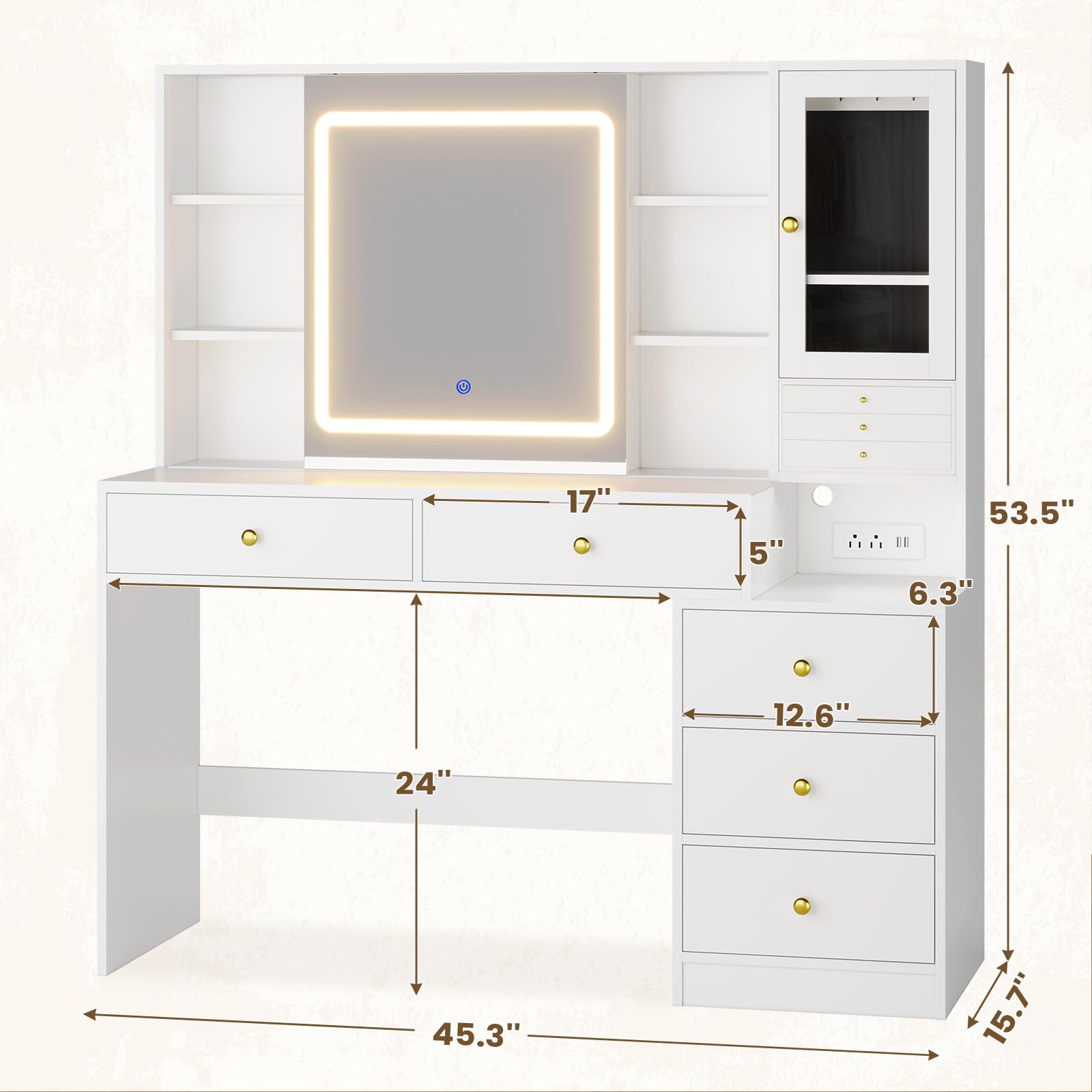 Modern White Makeup Vanity with LED Lights & Sliding Mirror - Vanity Desk with Jewelry Organizer, Glass Cabinet & 5 Drawers - Perfect for Bedroom, Dressing Room & Beauty Salon