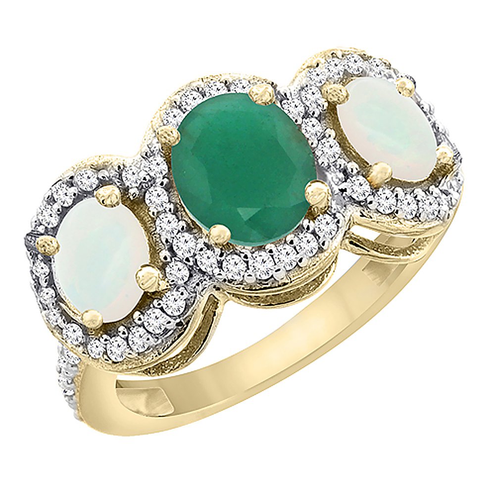 14K Yellow Gold Natural Emerald & Opal 3-Stone Mother's Ring with Oval Diamond Accent - Sizes 5-10 | Elegant Gift for Mom, Birthday, Anniversary & Special Occasions