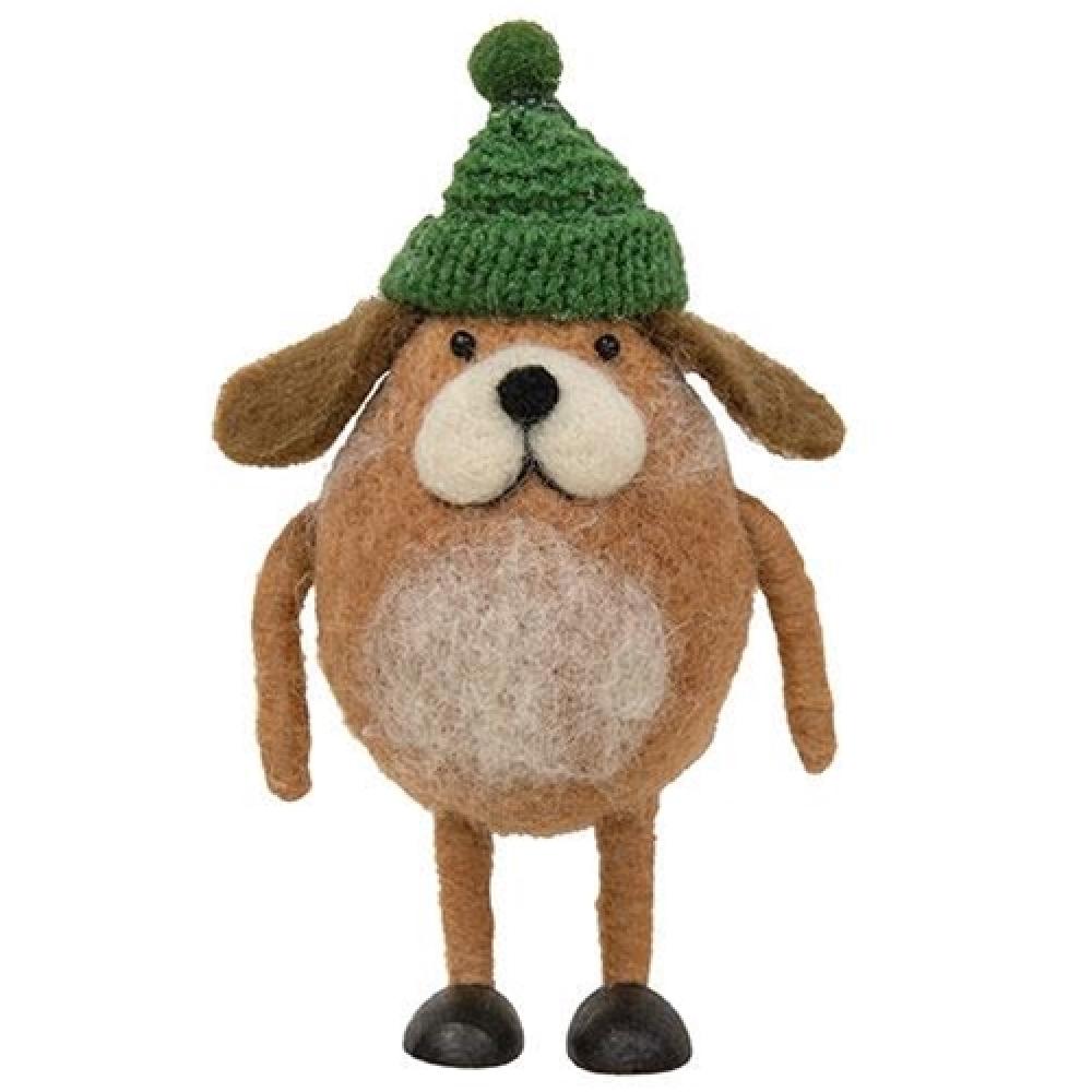 Handmade Felted Dog Ornament with Green Hat - Christmas Tree Decoration, Holiday Home Decor, Gift for Pet Lovers