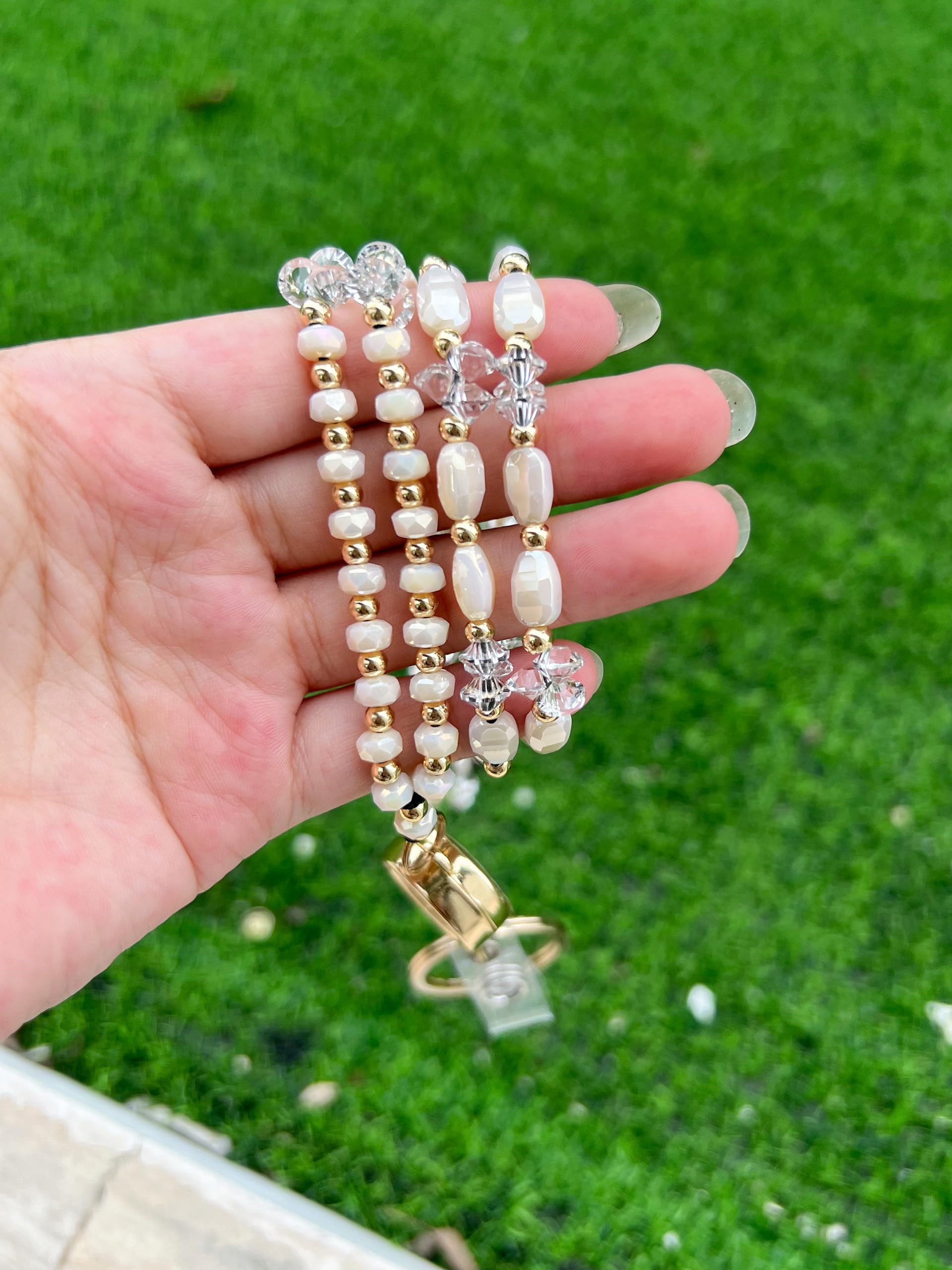 Retractable Beaded Lanyard for ID Badges & Keys - Cream Crystal for Women & Teachers - Office & School Use