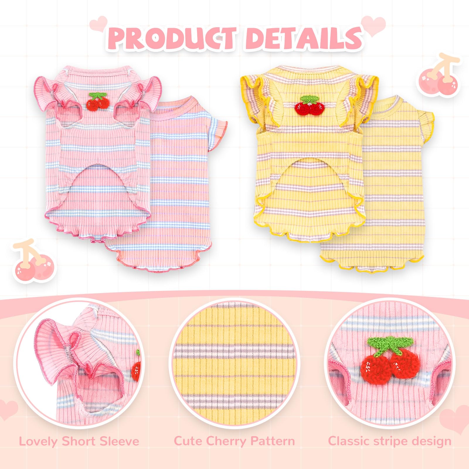 2 Pack Striped Small Dog T-Shirts - Cute Cherry Girl Pet Clothes for Small Dogs & Cats, Breathable Soft Cotton Sleeveless Vest, Spring Summer Puppy Outfits (Pink + Yellow, Medium) - Perfect for Daily Walks, Pet Parties & Photo Shoots