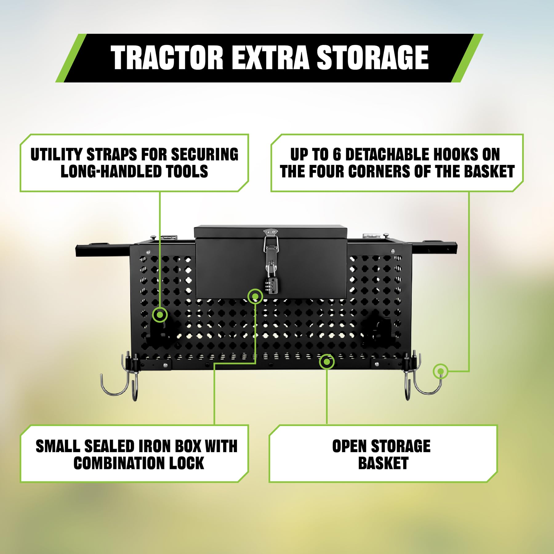 Heavy Duty Universal Tractor Tool Box Tray - 24x10x10in Steel Tractor Basket Attachment for John Deere, Kubota & More | Perfect for Farm Tools, Equipment Storage & Field Work Organization