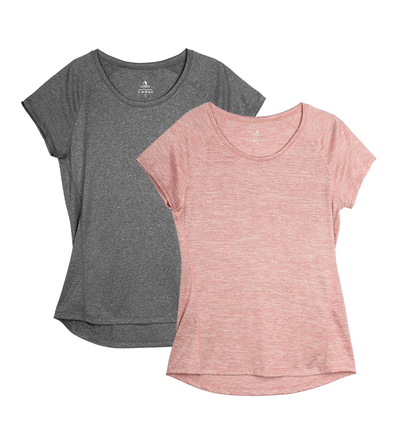 Icyzone Women's Workout Running Shirts - Breathable Gym Yoga Exercise Raglan Short Sleeve T-Shirt (Size M, Charcoal/Cameo Pink) - Perfect for Running, Fitness Training & Yoga Classes