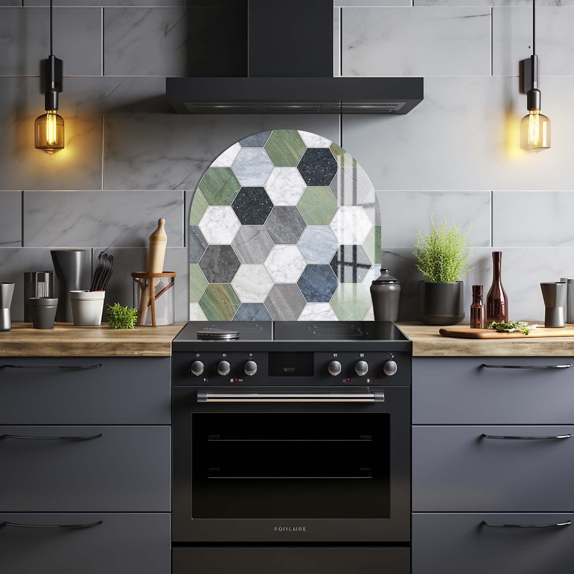 Hexagon Green Glass Splashback - Modern Kitchen Backsplash for Stove & Countertop Protection