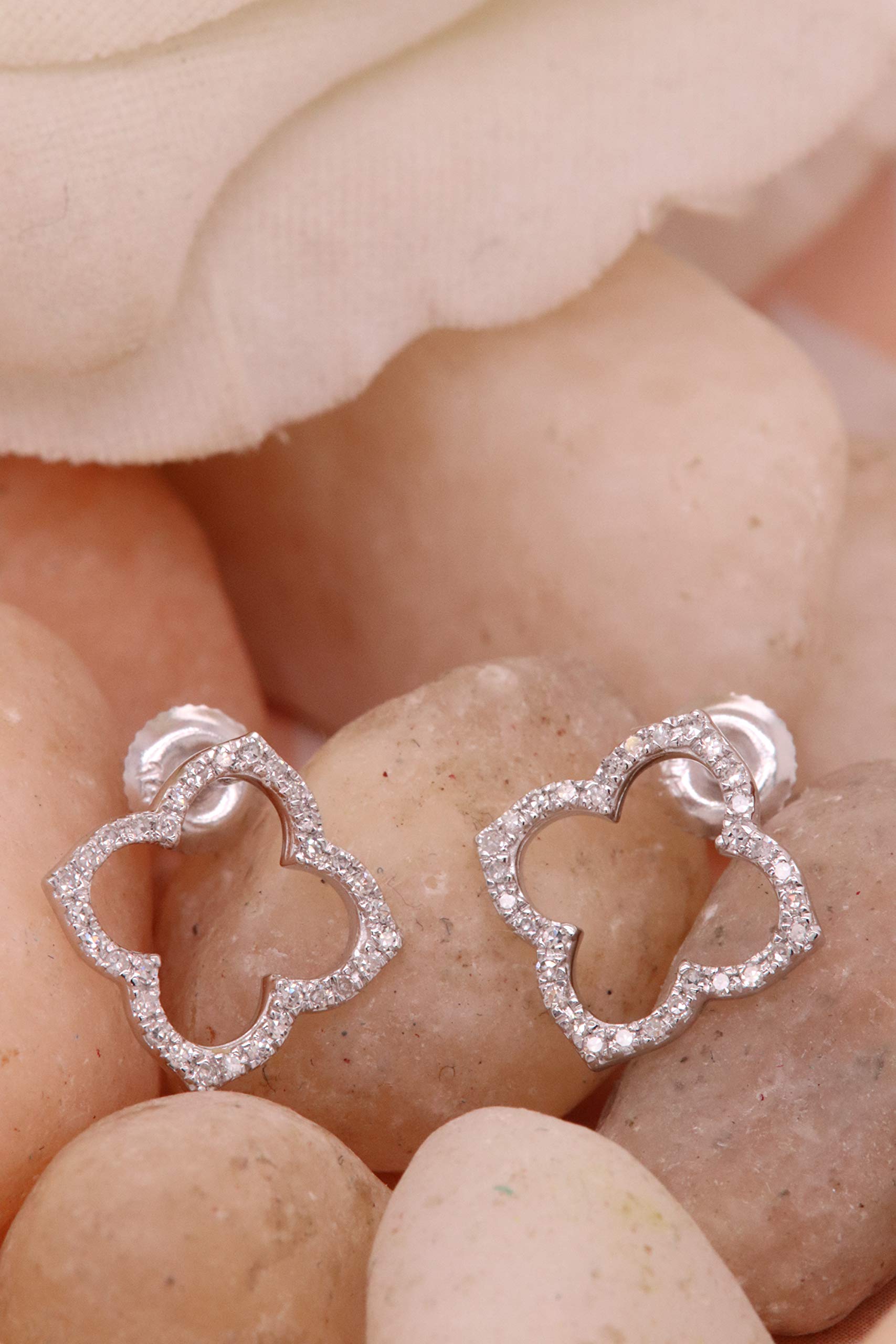 Dazzlingrock 14K White Gold 0.1ct Round Diamond Clover Flower Stud Earrings for Women - Perfect for Weddings, Anniversaries & Gift Giving