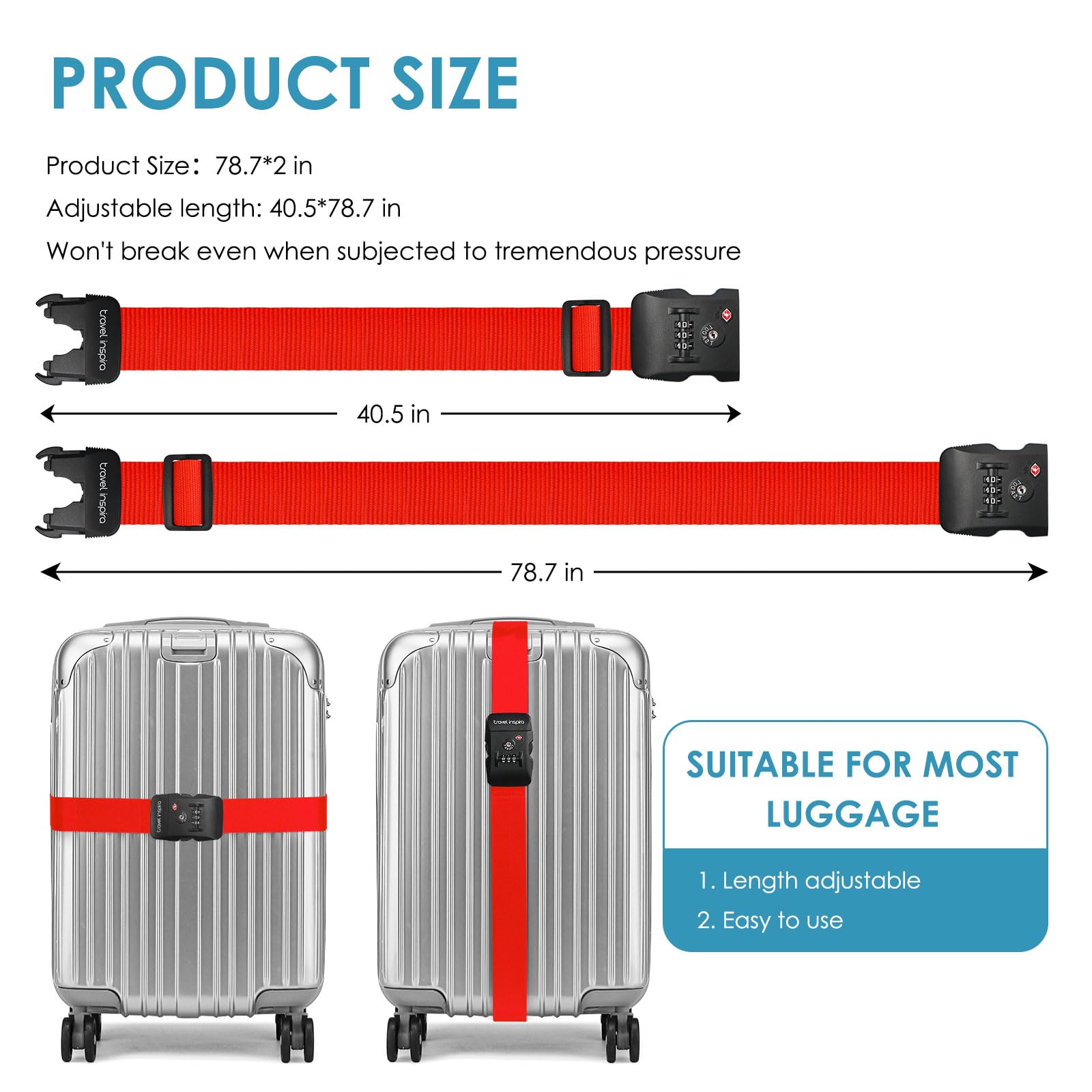 TSA Approved Adjustable Luggage Strap with Combination Lock - Secure & Easy to Use Travel Belt for Suitcases, Backpacks & Bags - Perfect for Air Travel, Vacation & Business Trips (Red)