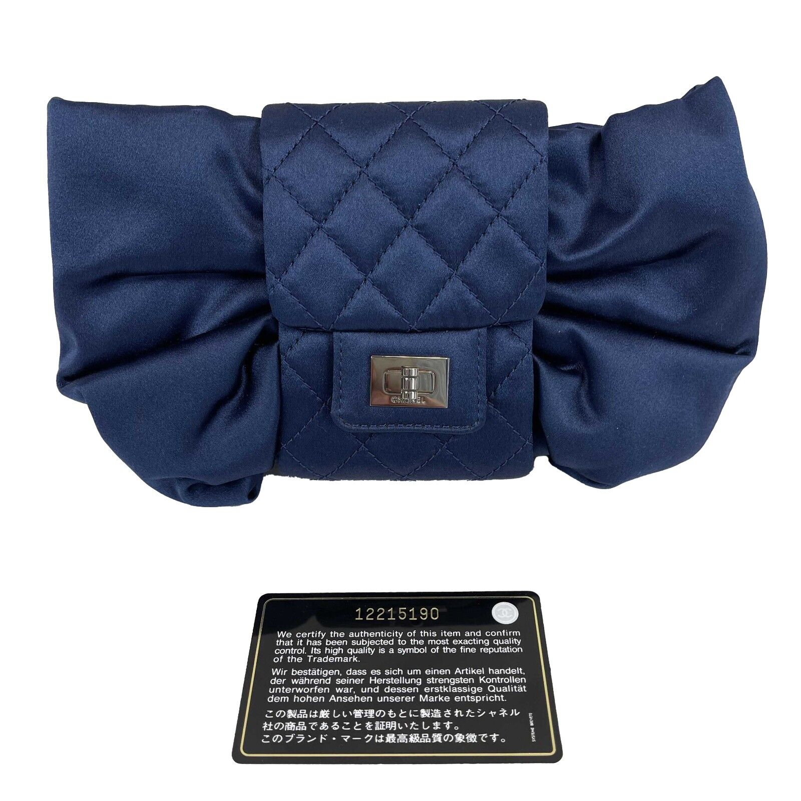 CHANEL Satin Bow Evening Bag - Navy & Rhodium Clutch Shoulder Bag for Women | Elegant Night Out, Wedding, Party, Formal Events Accessory