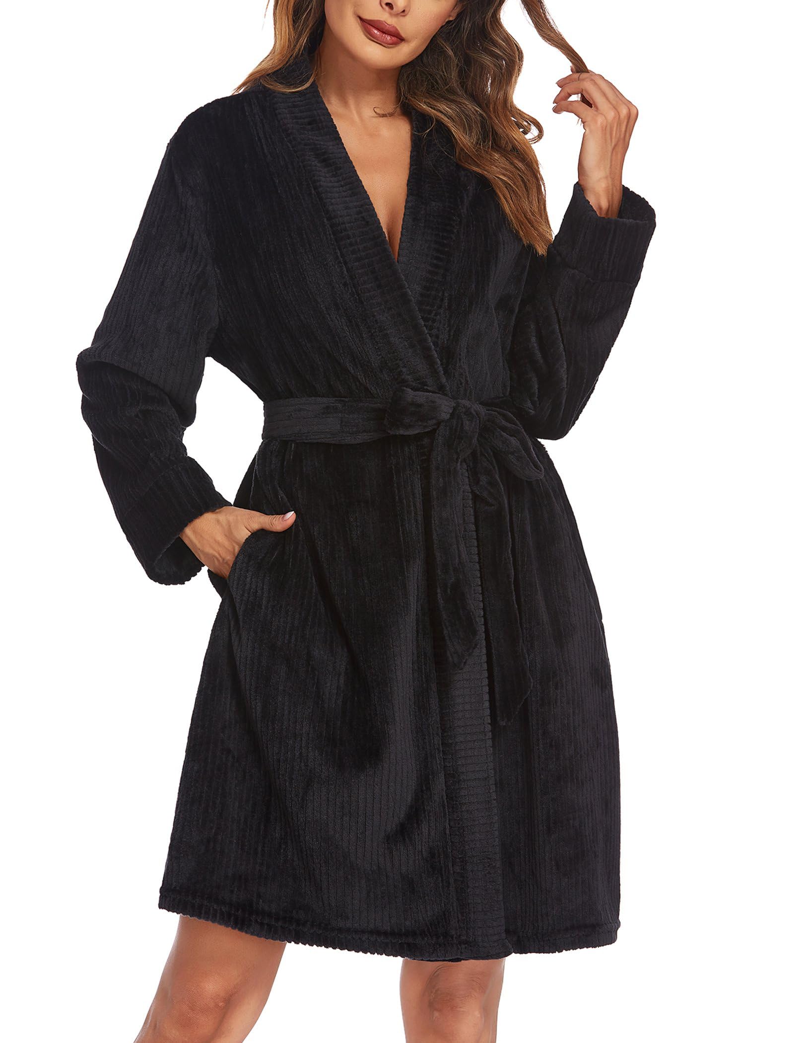 Ekouaer Women's Plush Fleece Robe - Soft Knee-Length Bathrobe with Pockets, Warm Cozy Loungewear for Spa, Home & Travel (Sizes S-XXL) | Perfect for Relaxation, Lounging & Gift Giving