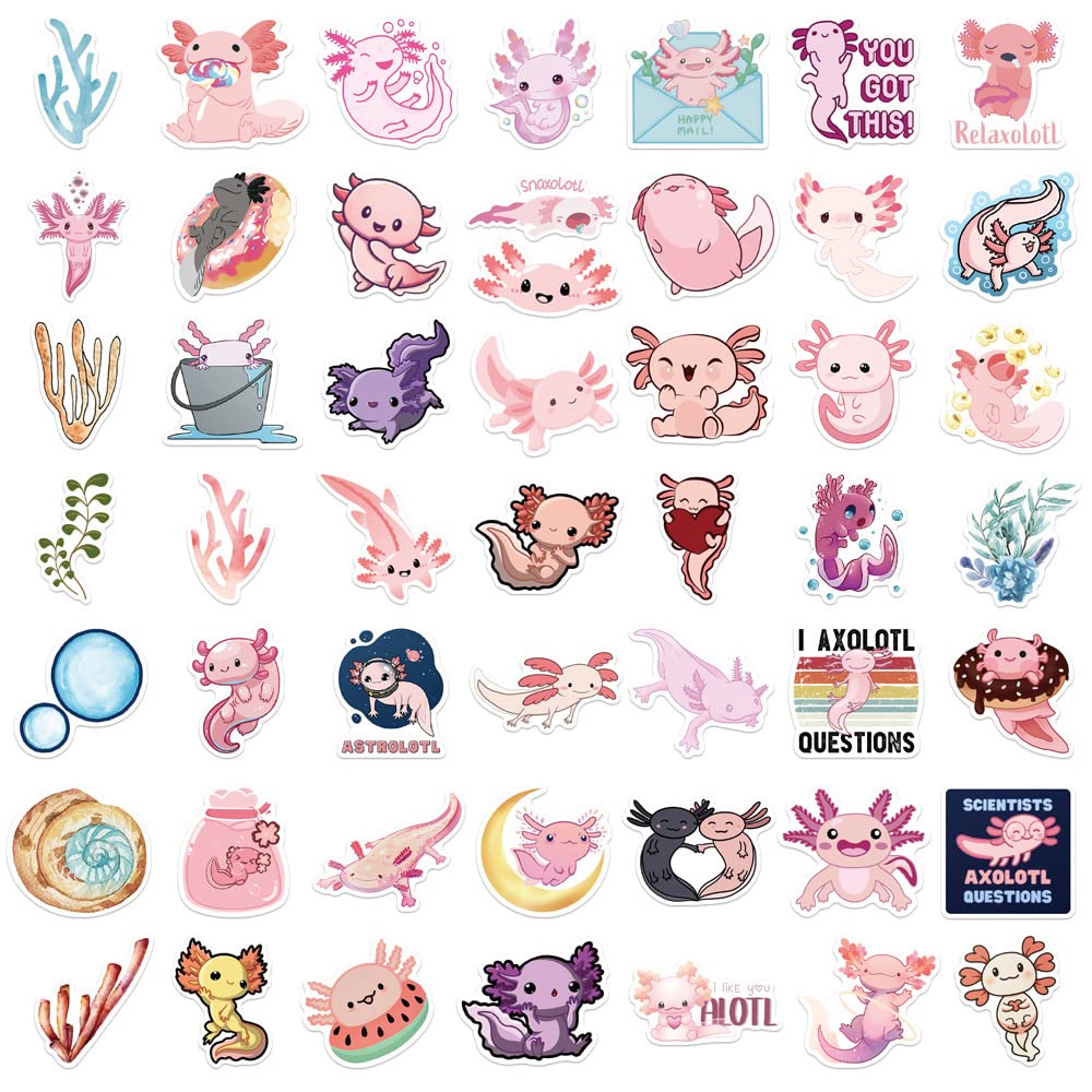 Cute Axolotl Stickers for Kids & Teens - 50PCS Waterproof Vinyl Stickers for Water Bottles, Laptops, Phones, Scrapbooks - Perfect for School, Party Supplies & DIY Crafts (Pink Animal Aesthetic)