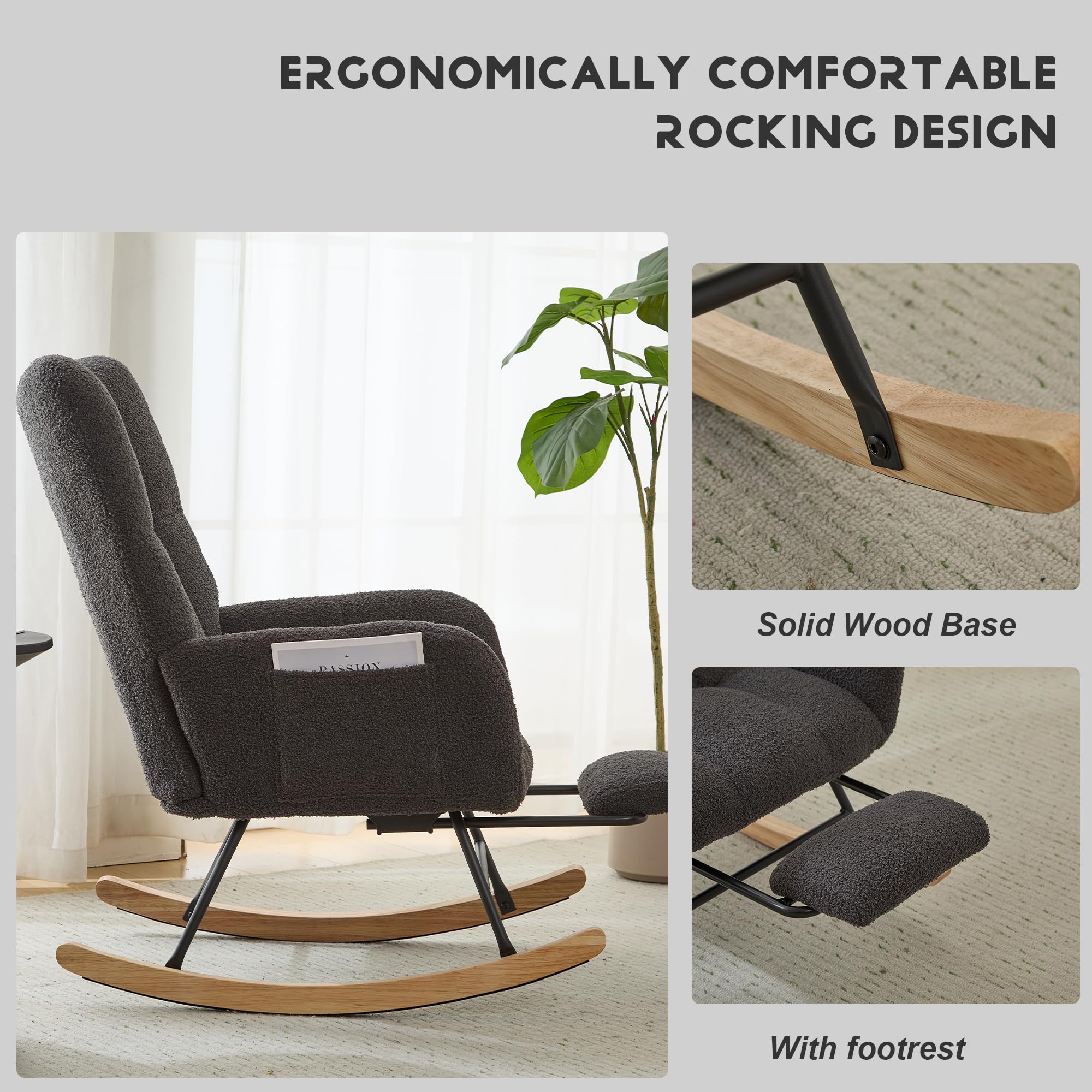 Comfy Teddy Upholstered Glider Rocking Chair with Footrest & High Backrest - Nursery Rocker with Side Pocket for Living Room, Bedroom, Office (Large Grey) | Perfect for Nursing, Reading & Relaxing