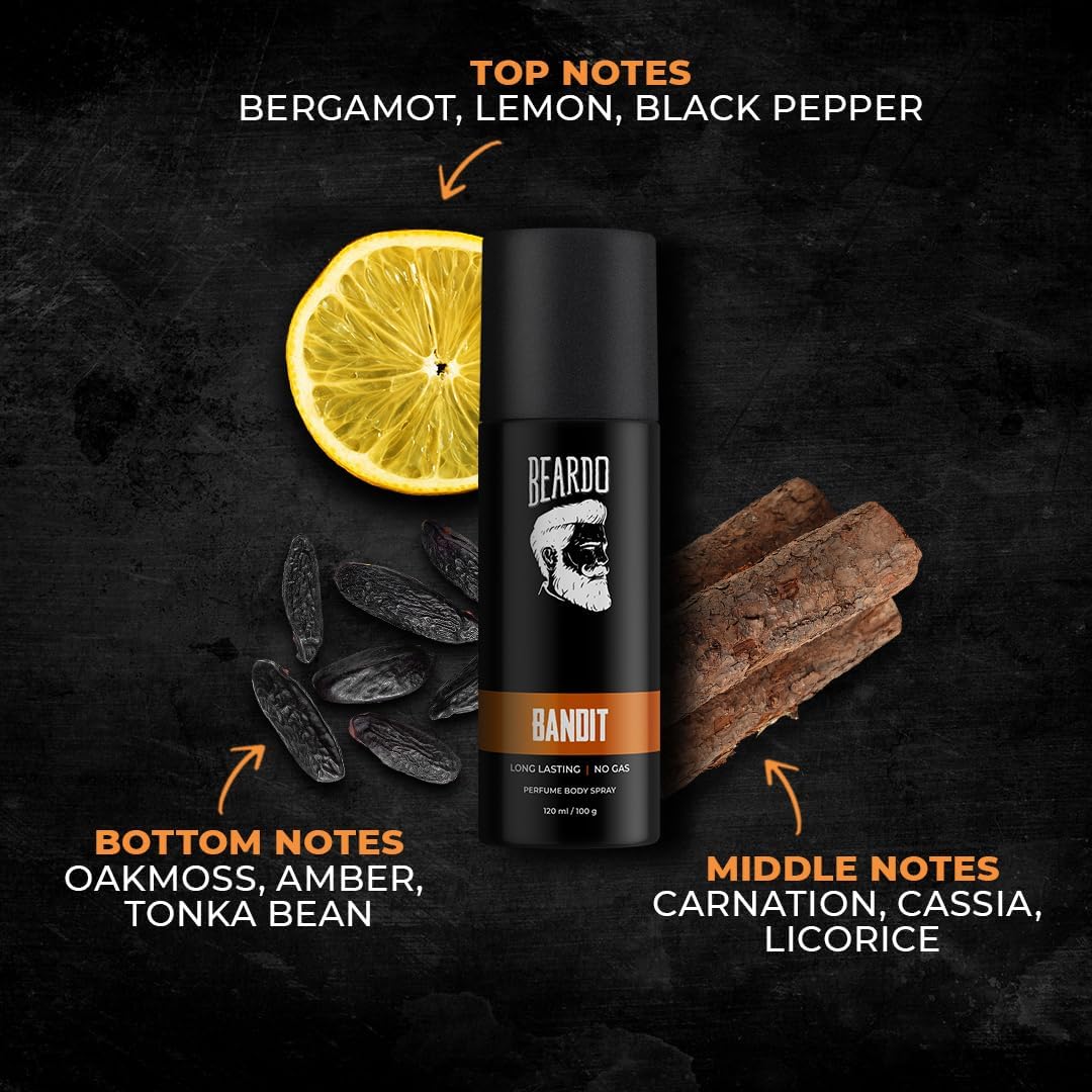 Beardo Perfume Body Spray for Men - BANDIT, 120ml | Long Lasting Alcohol-Free Deodorant with Bergamot, Oakmoss & Tonka Bean Fragrance | Gift for Him, Christmas, Birthday & Special Occasions | Perfect for Work, Gym & Everyday Use
