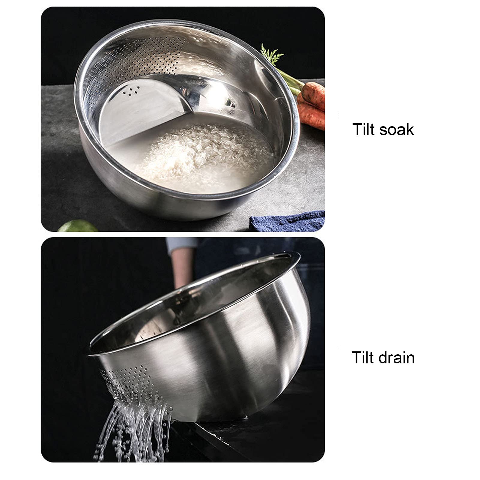 Premium Stainless Steel Rice Washing Bowl - 2-in-1 Multifunctional Colander & Kitchen Strainer with Side Drain Holes for Washing Rice, Vegetables, Fruits, Beans & Pasta - Ideal for Kitchen Prep, Salad Making & Healthy Cooking (Small Size)