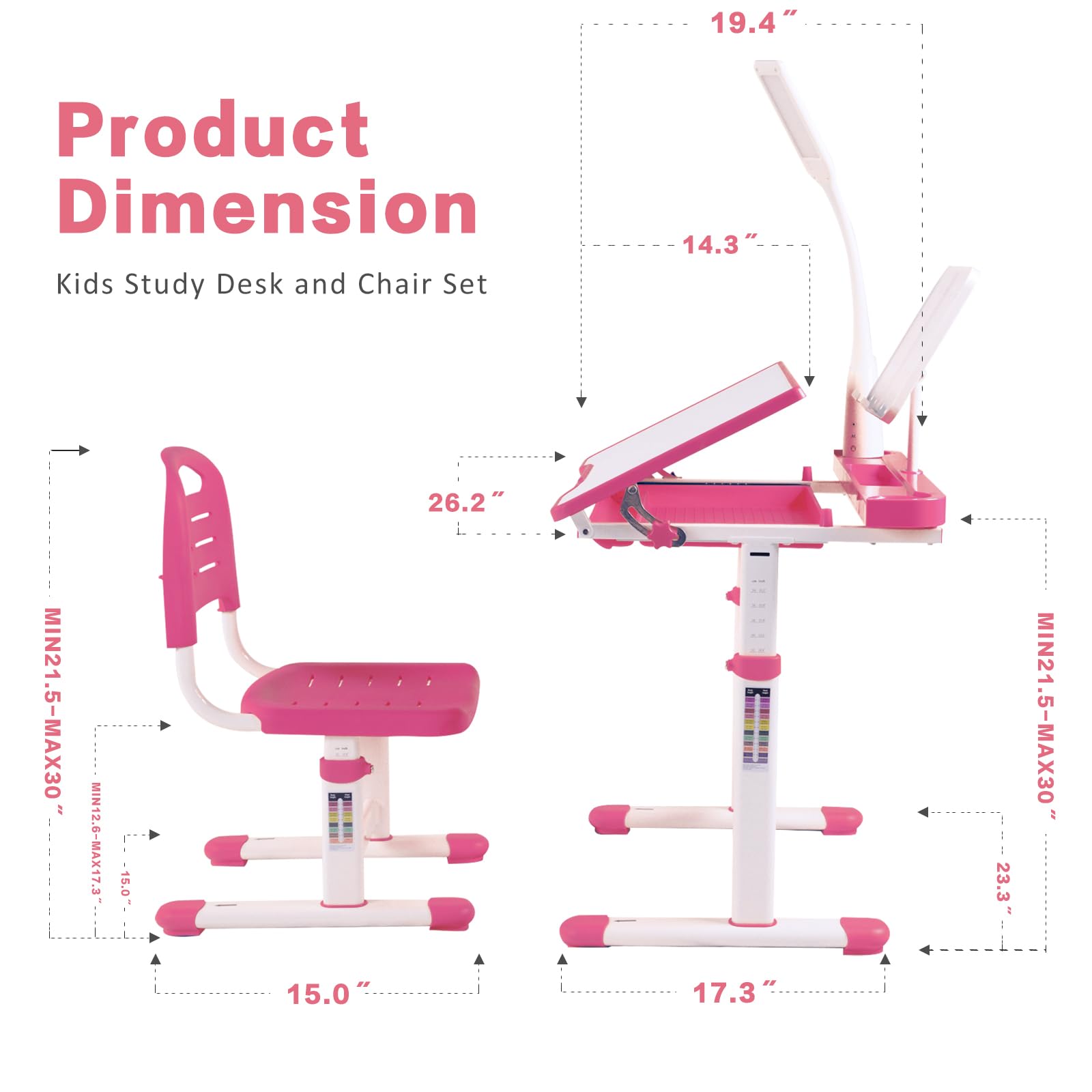 Napfox Adjustable Kids Desk and Chair Set - Ergonomic Study Desk for Children with Height Adjustable & 40° Tiltable Desktop, LED Light & Bookstand (Pink) - Perfect for Homework, Drawing & Online Learning