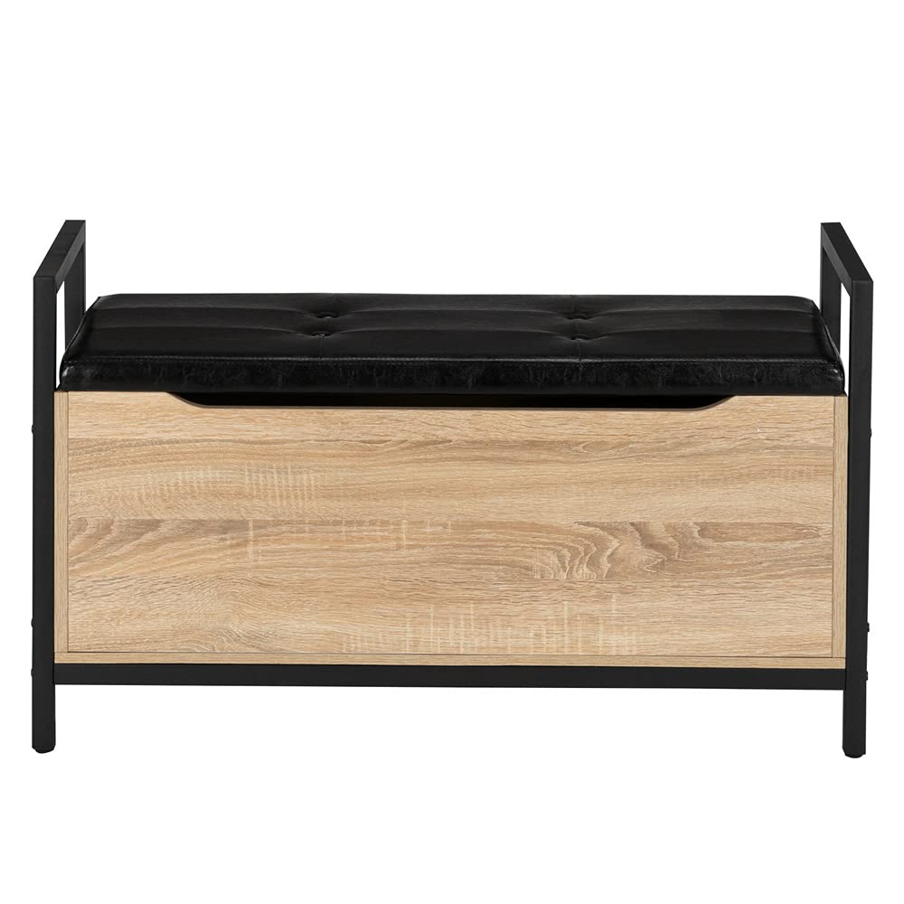 Faux Leather Shoe Bench with Storage - Industrial Wood Ottoman Stool, Entryway Storage Chest & Blanket Organizer for Bedroom, Living Room, Hallway - White Oak Finish with Steel Frame | Perfect for Small Space Organization & Entryway Seating