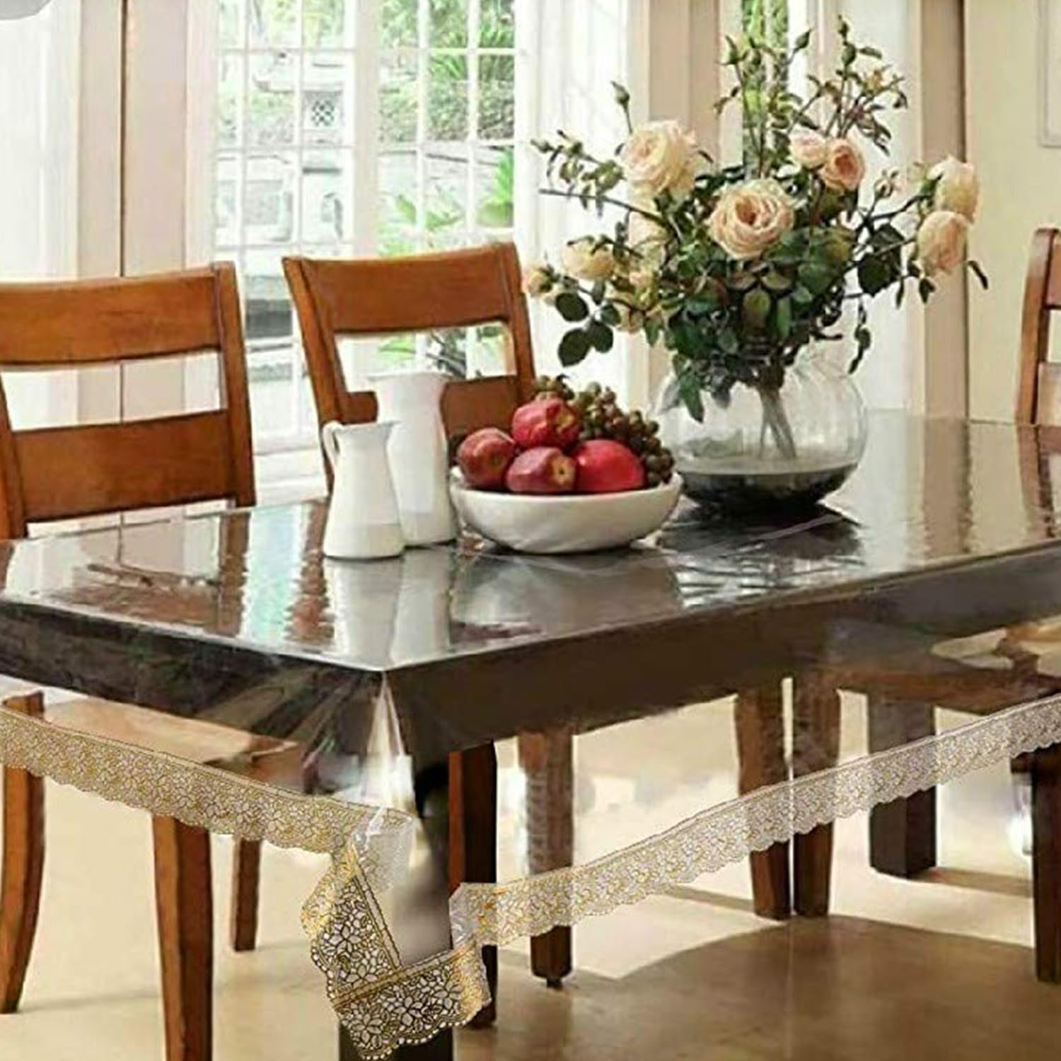 Kuber Industries 70x45 Inch Transparent Dining Table Cover with Golden Lace - Waterproof Tablecloth for 4 Seater Tables, Elegant Protection for Daily Meals & Special Occasions