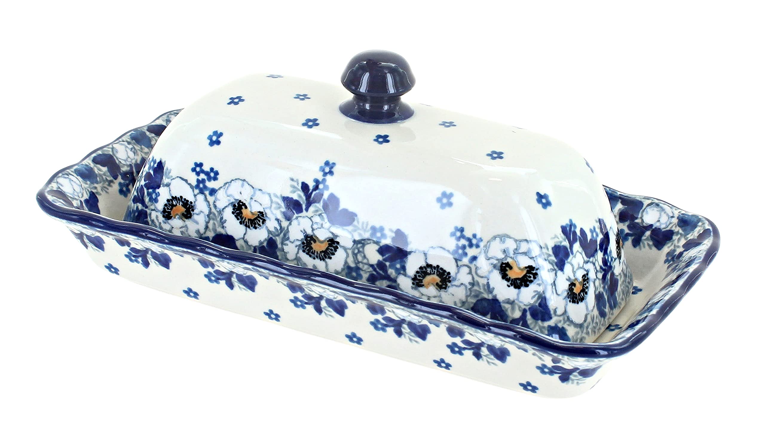 Handmade Blue Rose Polish Pottery Butter Dish - Georgia Blue Ceramic Butter Keeper with Lid - Perfect for Kitchen, Dining Table, and Gift Giving