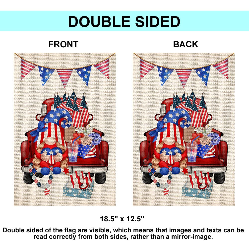 Premium Double-Sided American Gnome Red Truck Welcome Burlap Garden Flag - 12
