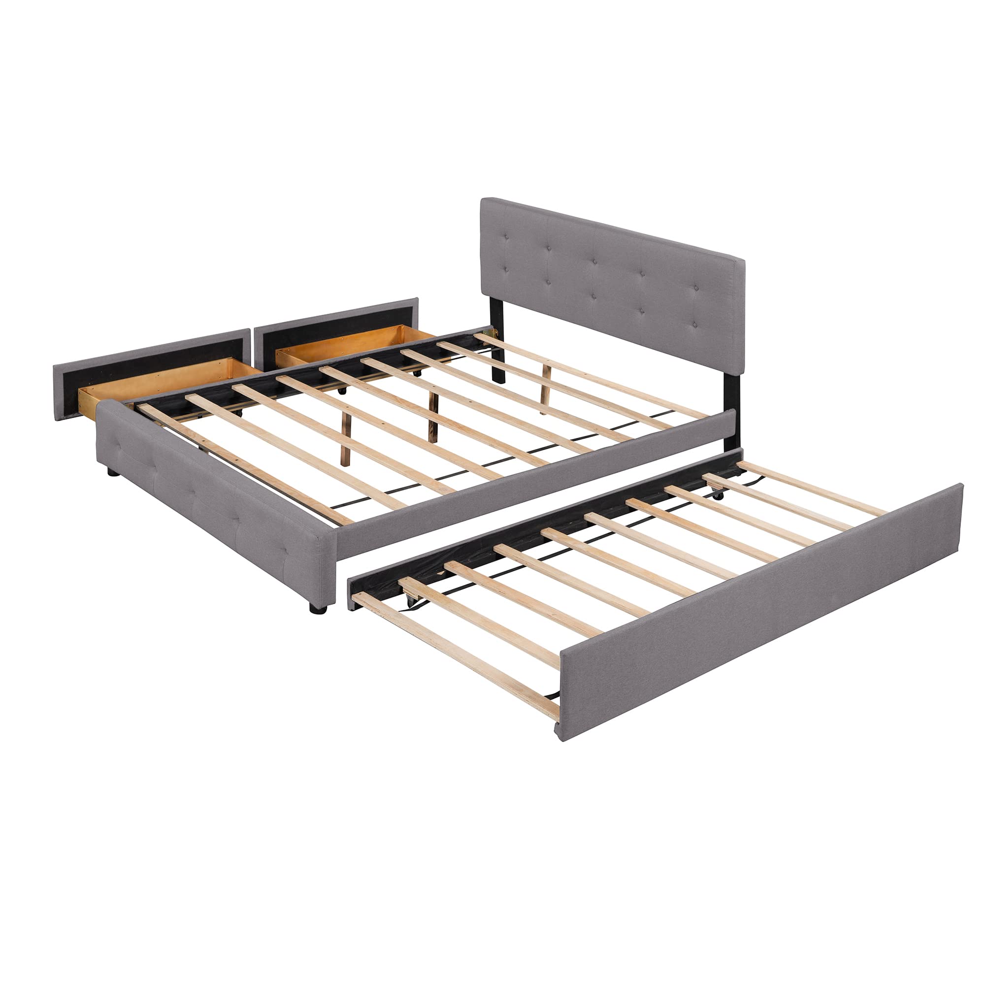 Queen Size Upholstered Platform Bed with 2 Storage Drawers & Twin XL Trundle - Light Gray Linen Fabric Wooden Bed Frame for Guest Room, Small Space & Modern Bedroom