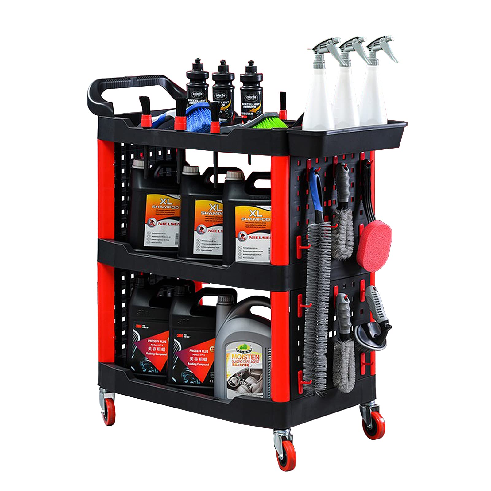 3-Tier Rolling Utility Detailing Cart with Side Hanging Plate & Hooks - Mobile Mechanic Tool Trolley for Car Wash, Detailing, Repairs & Waxing - Perfect for Auto Shops, Garages & Professional Detailers