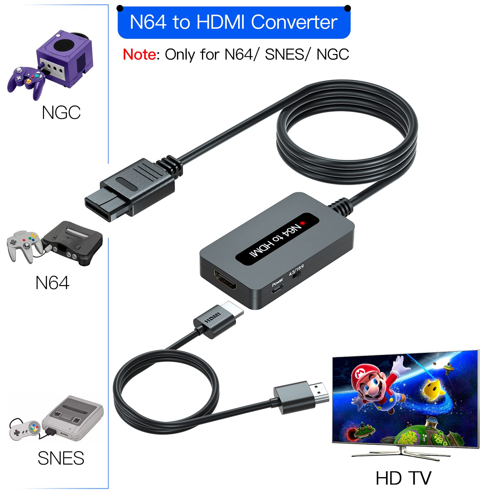 N64 to HDMI Converter Adapter - 4:3 & 16:9 Aspect Ratio Switch for Nintendo 64, Super SNES, NGC & Super Famicom with HDMI Cable - Perfect for Retro Gaming Setup & TV Display