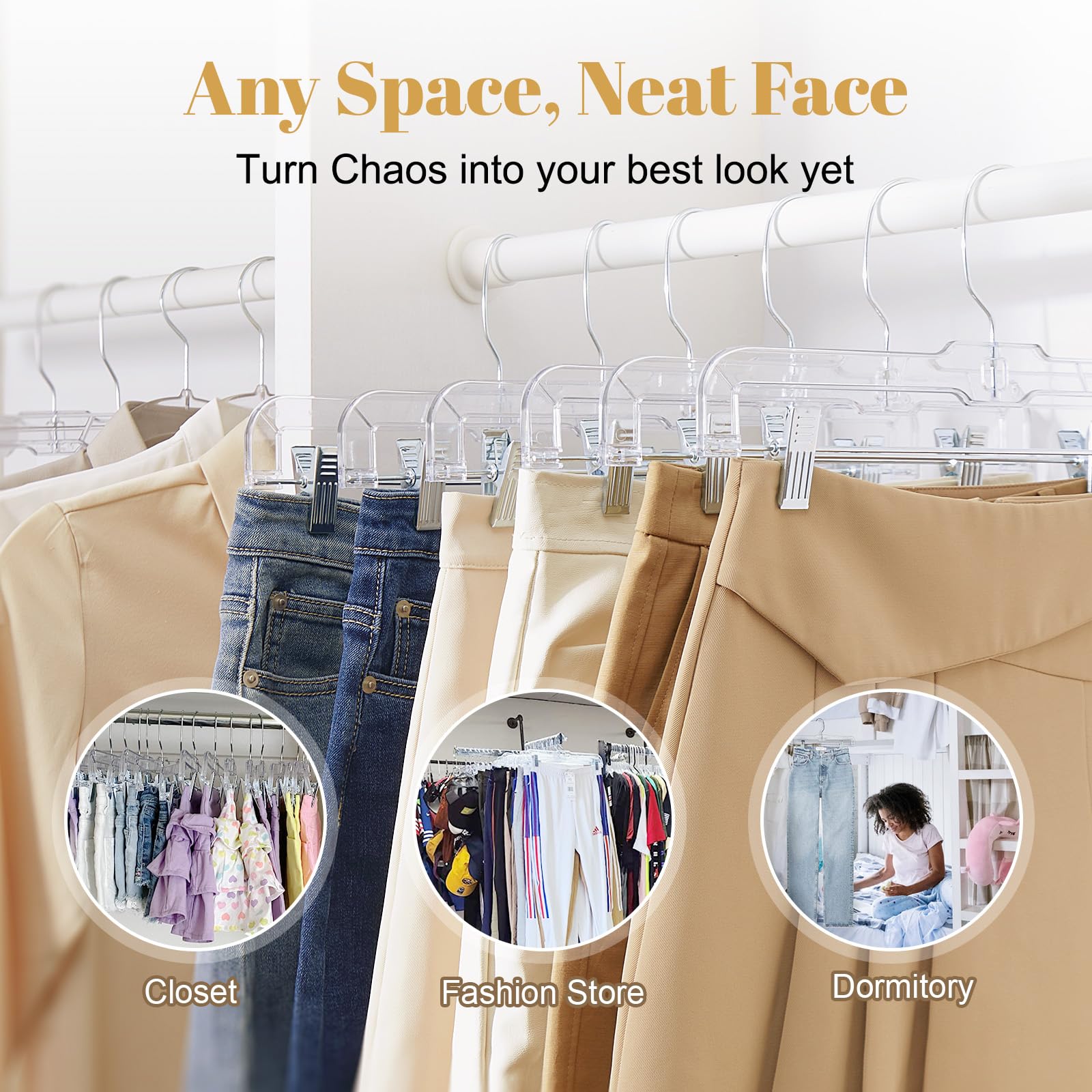 100 Pack Clear Plastic Skirt Hangers with 2 Adjustable Non-Slip Clips - Perfect for Pants, Skirts, Shorts - Ideal for Closet Organization & Retail Display