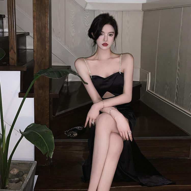 Sexy Black Backless Spaghetti Strap Dress with High Slits - Elegant French Evening Gown for Date Night, Party & Special Occasions