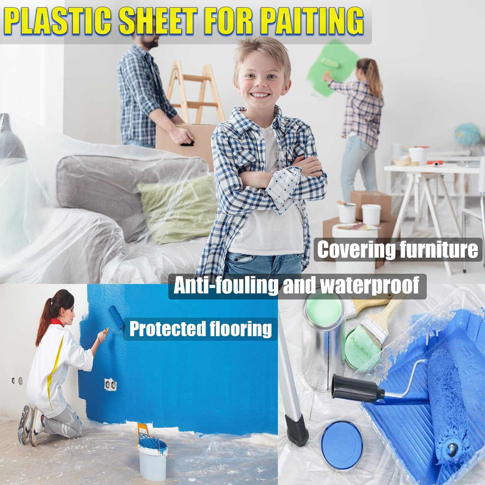 20 Pack 9x12 Feet Waterproof Plastic Drop Cloths - Heavy Duty Painting Tarps, Dust Proof Furniture Covers for Indoor/Outdoor Use - DIY Projects, Home Renovation, Floor Protection & More