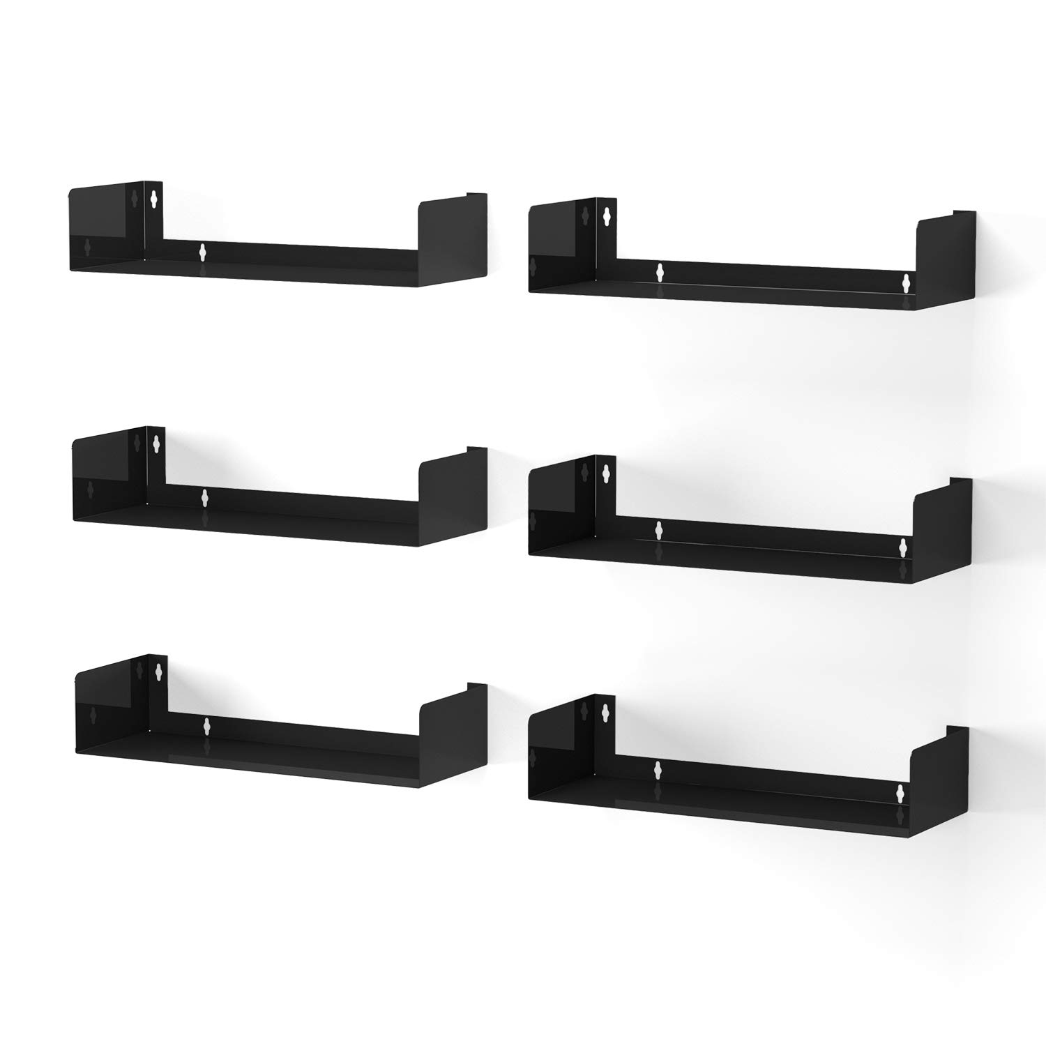 Wallniture Bali Black U-Shaped Floating Shelves - Set of 6 Wall-Mounted Shelves for Books, DVDs, CDs & Home Decor | Perfect for Living Room, Bedroom & Office Organization