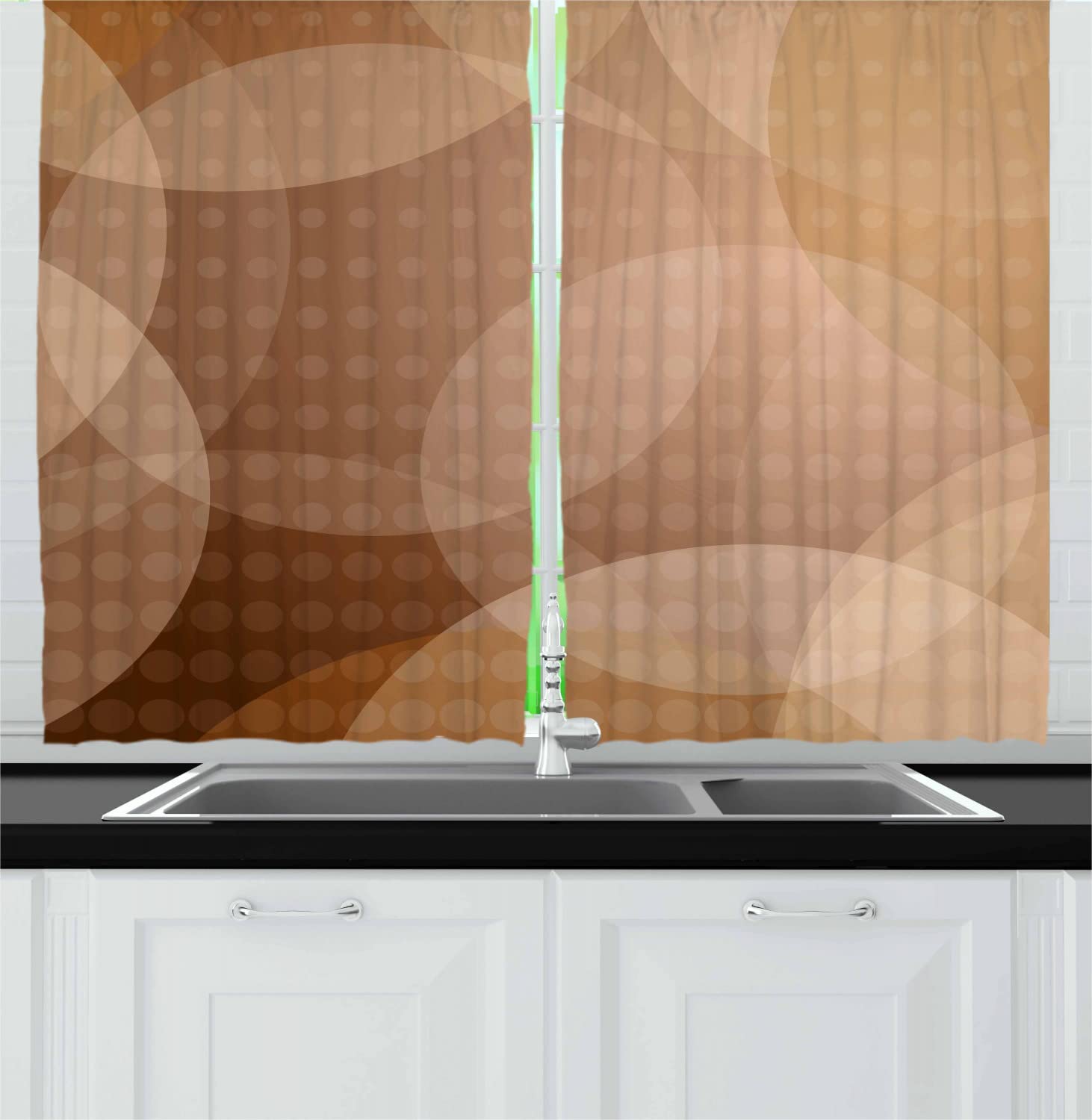 Ambesonne Tan Long Kitchen Curtains - Modern Gradient Polka Dot Pattern with Overlapping Circles, 2 Panel Rod Pocket Drapes 55x45 Inches, Tan Brown White - Perfect for Farmhouse, Cottage & Contemporary Kitchen Windows