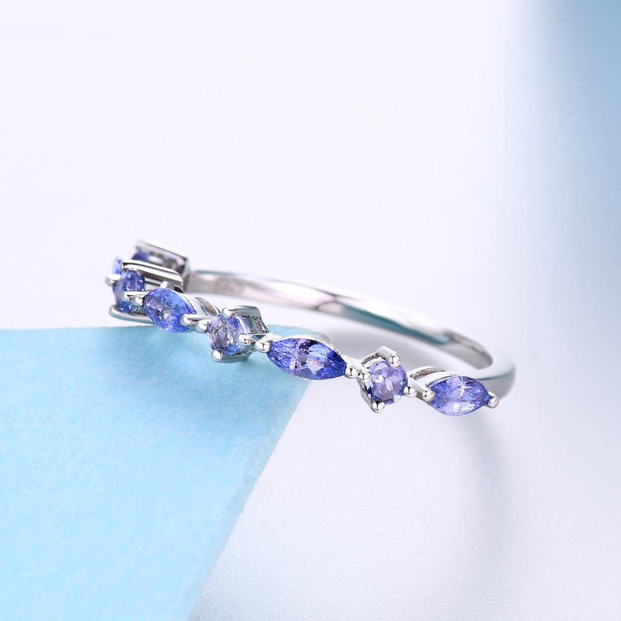 Natural Tanzanite Women's Band Ring - Marquise & Round Cut Half Eternity Shared Prong Gemstone Ring for Wedding, Anniversary & Special Occasions
