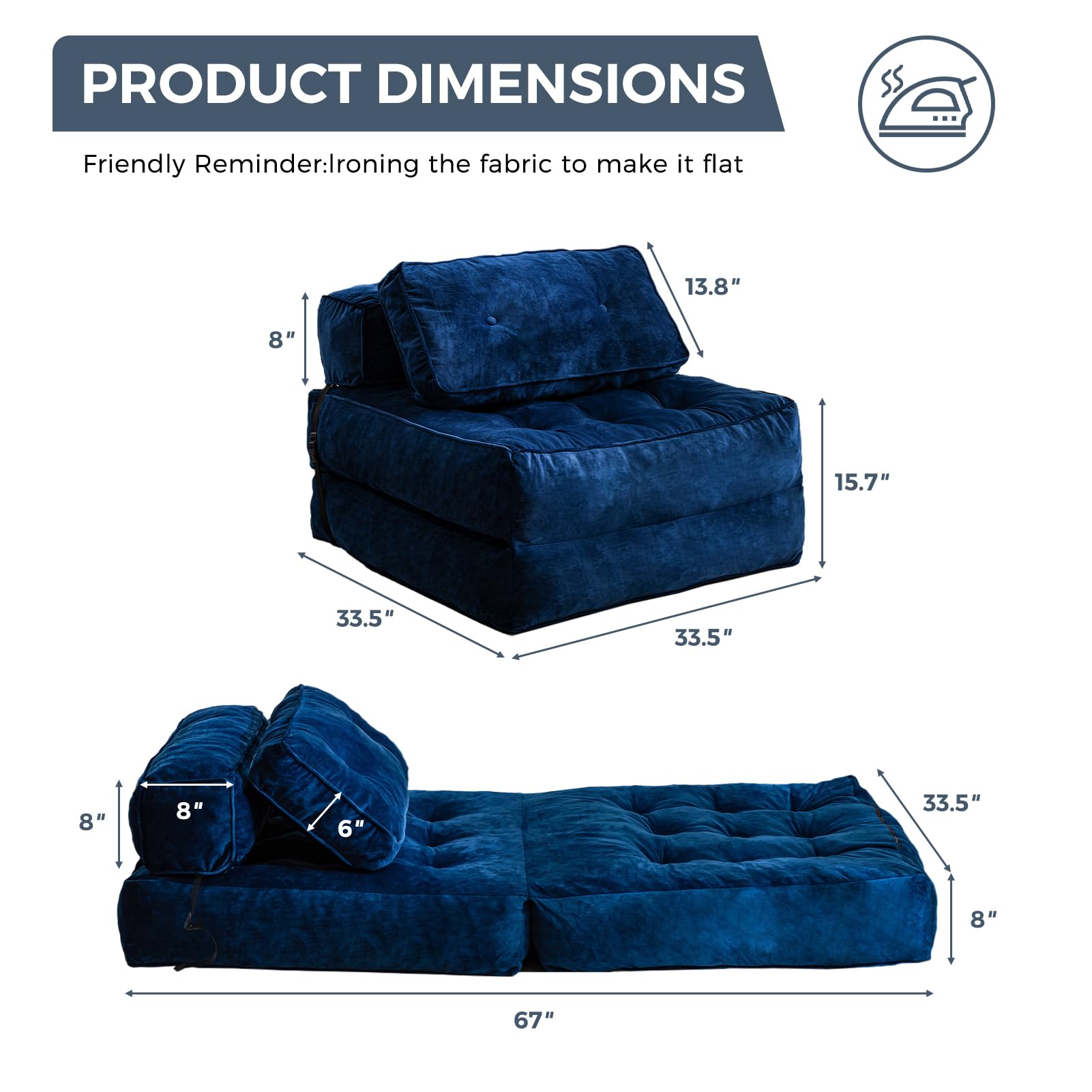 MAXYOYO Velvet Convertible Sleeper Sofa Bed - Foldable Guest Bed with Pillow, Navy Blue | Space-Saving Furniture for Small Apartments, Living Rooms & Dorm Rooms