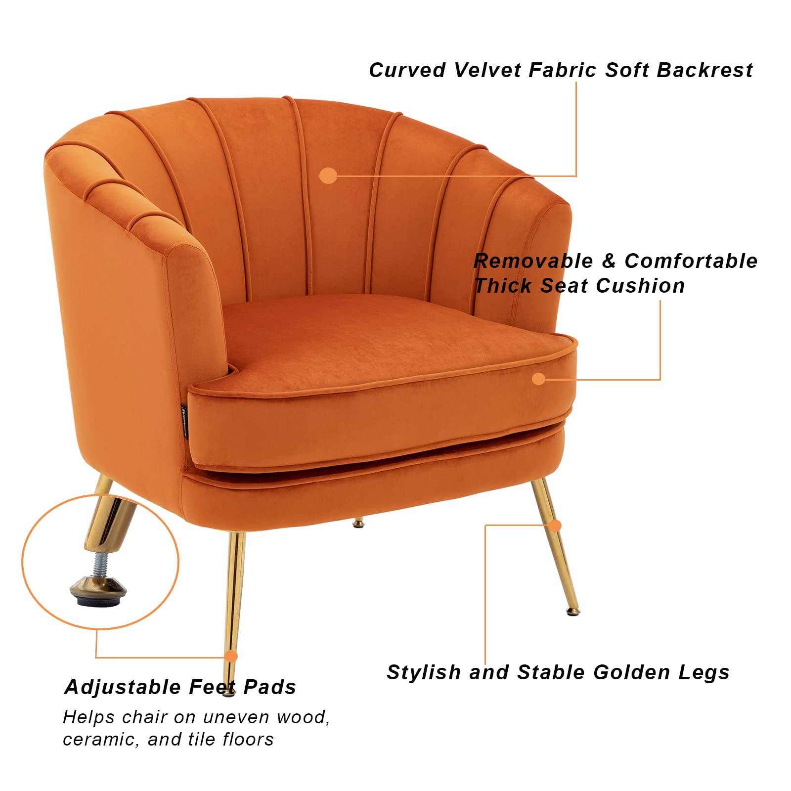 Artechworks Modern Velvet Barrel Chair - Gold Leg Accent Armchair with Channel Tufted Back for Living Room, Bedroom & Home Office - Orange Caramel Club Chair | Perfect for Reading Nooks, Lounge Areas & Cozy Corners