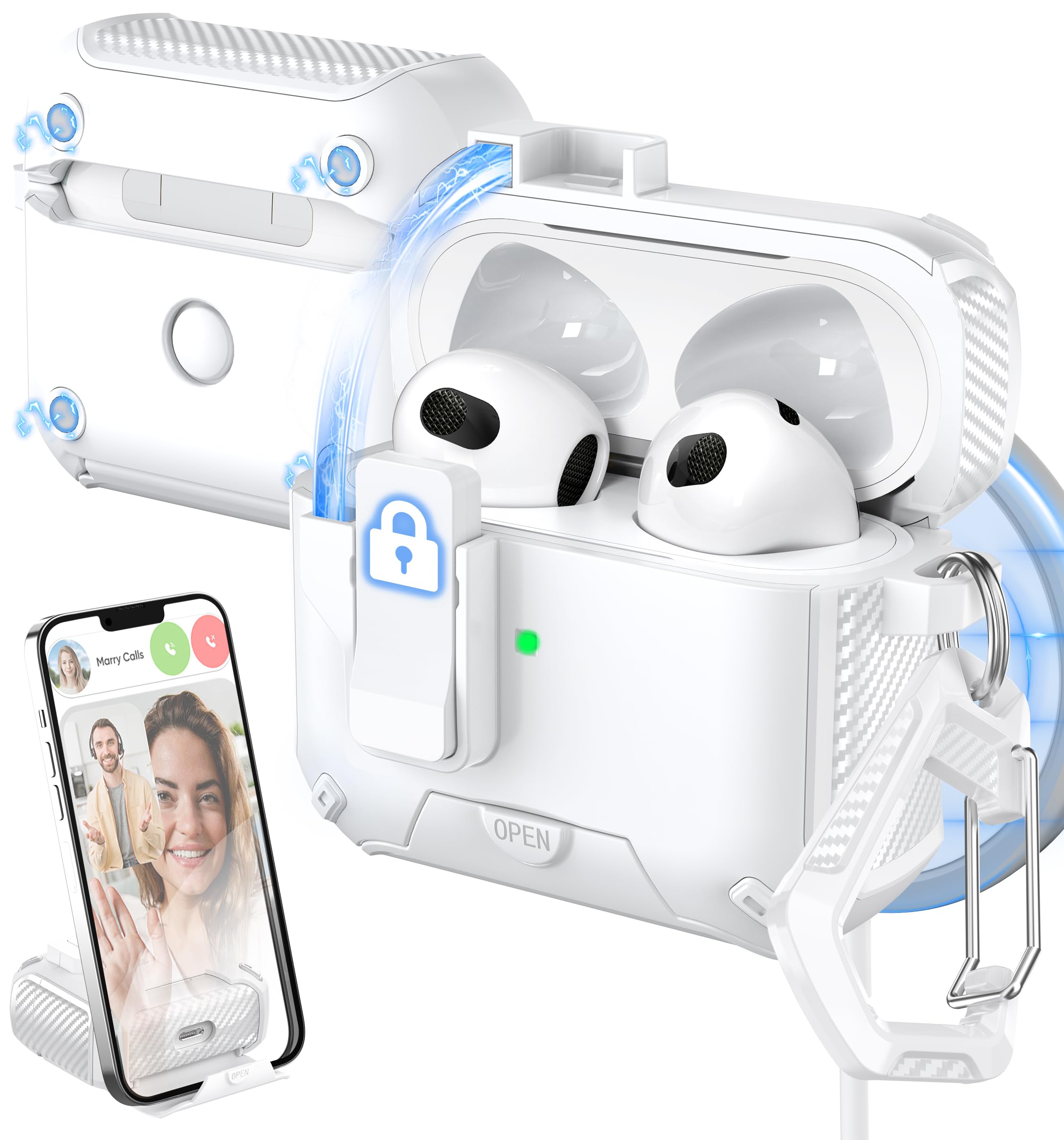 Magnetic AirPods 3 Case Cover with Magsafe Compatibility - Auto-Locking, Dust-Proof Charging Port & Stand Design - Includes Cleaning Kit (Snow White) - Perfect for Travel, Work & Daily Protection