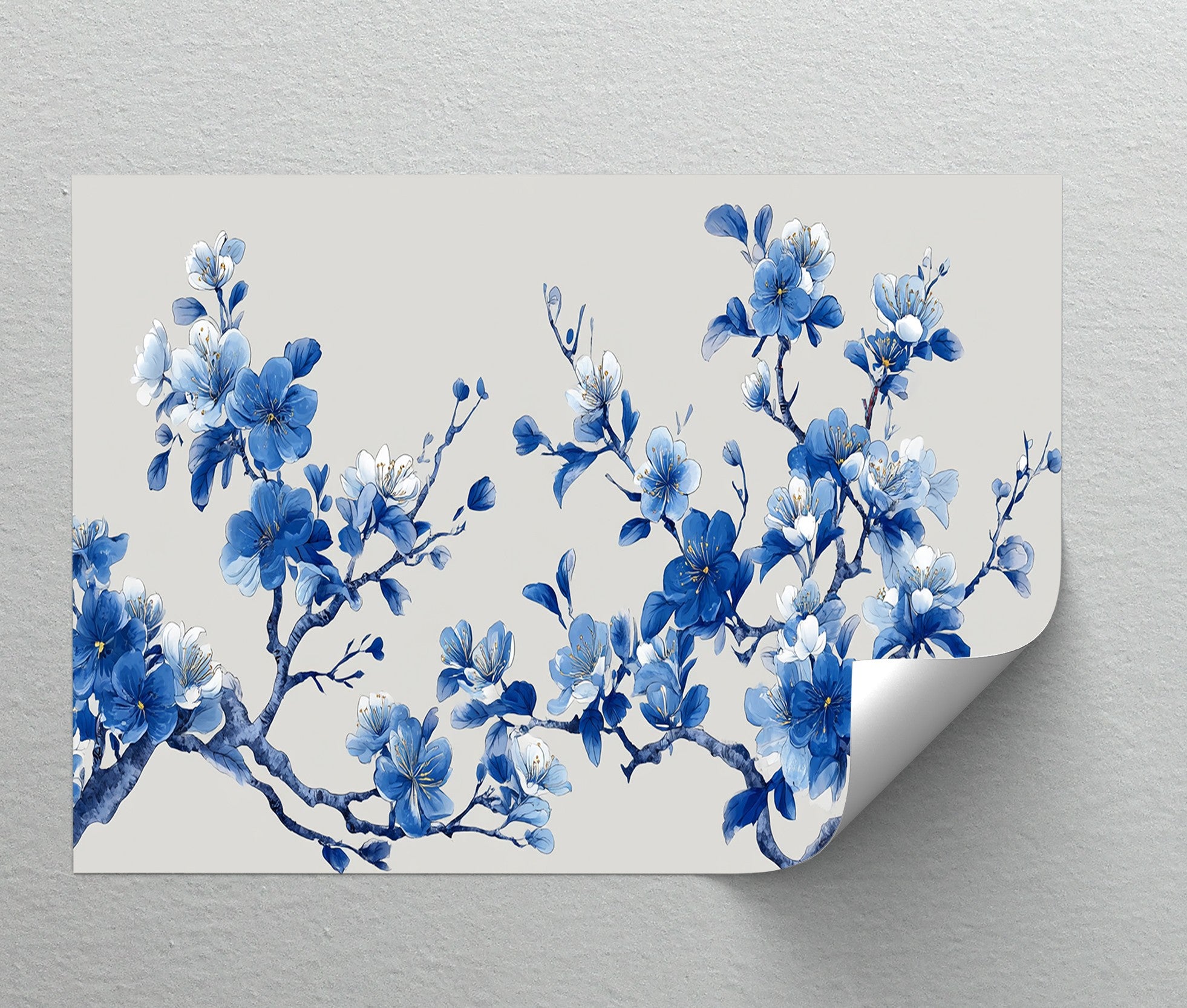 Blue Blossom Harmony Cherry Blossom Branch Canvas Wall Art - Japanese Style Floral Painting for Living Room, Bedroom & Office Decor