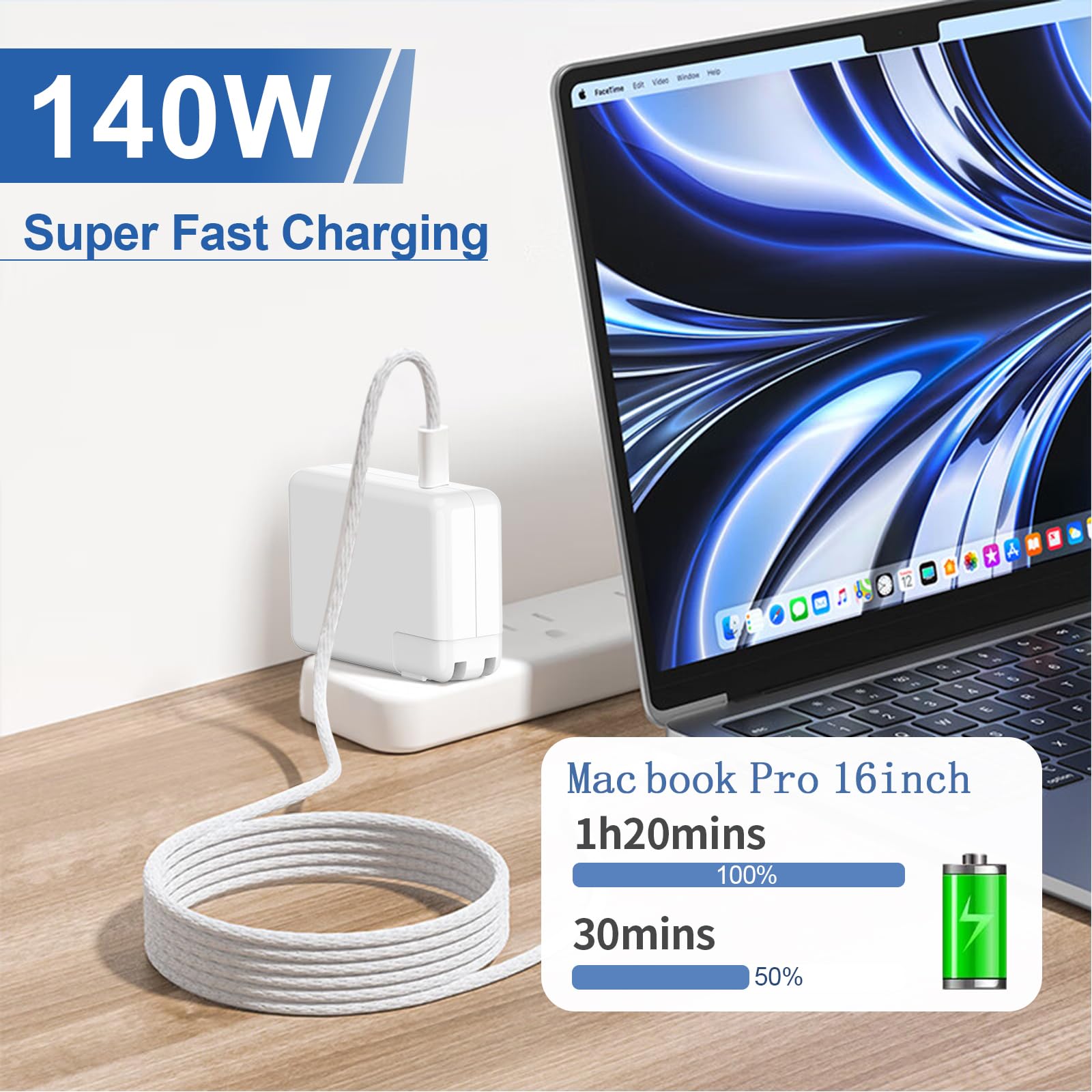 140W USB-C Fast Charger for MacBook Pro 14/16 inch (2021-2024) & MacBook Air 13/15 inch (2022-2024) M1/M2/M3 - Includes 6.6FT Braided USB-C Cable with LED Indicator - High-Speed Charging for Work, Travel & Home Office