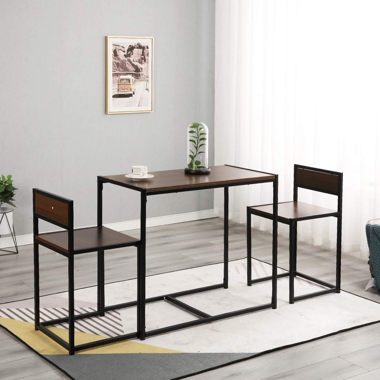 SogesPower 3-Piece Dining Table Set - Breakfast Nook & Kitchen Table with 2 Chairs, Walnut Finish - Perfect for Small Spaces, Apartments, and Home Offices