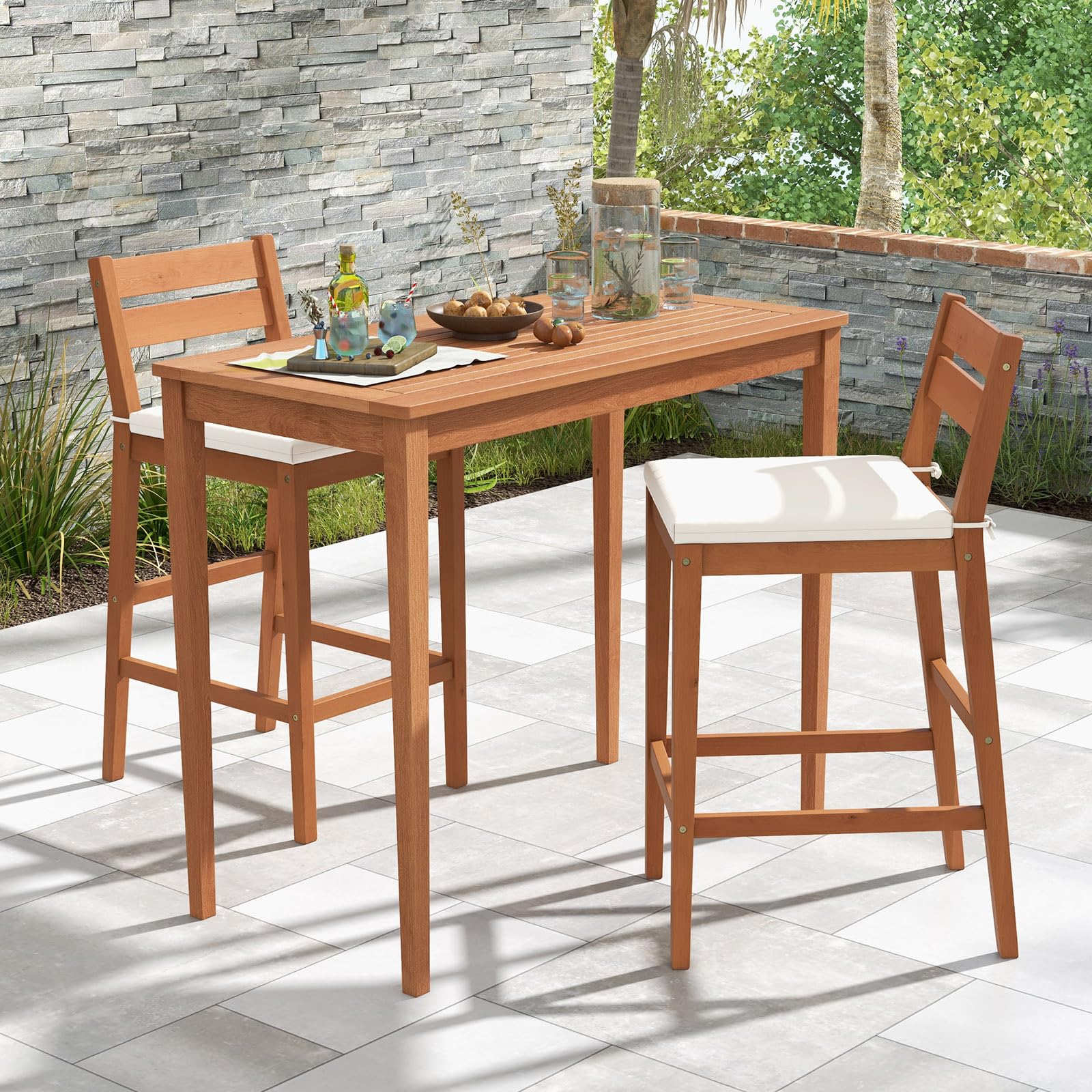 Tangkula 3-Piece Patio Bar Set - Eucalyptus Wood Outdoor Bar Table & Chairs with Cushions - Bistro Pub Dining Set for Garden, Yard, Poolside - Weather-Resistant & Durable - Perfect for Outdoor Entertaining & Relaxation
