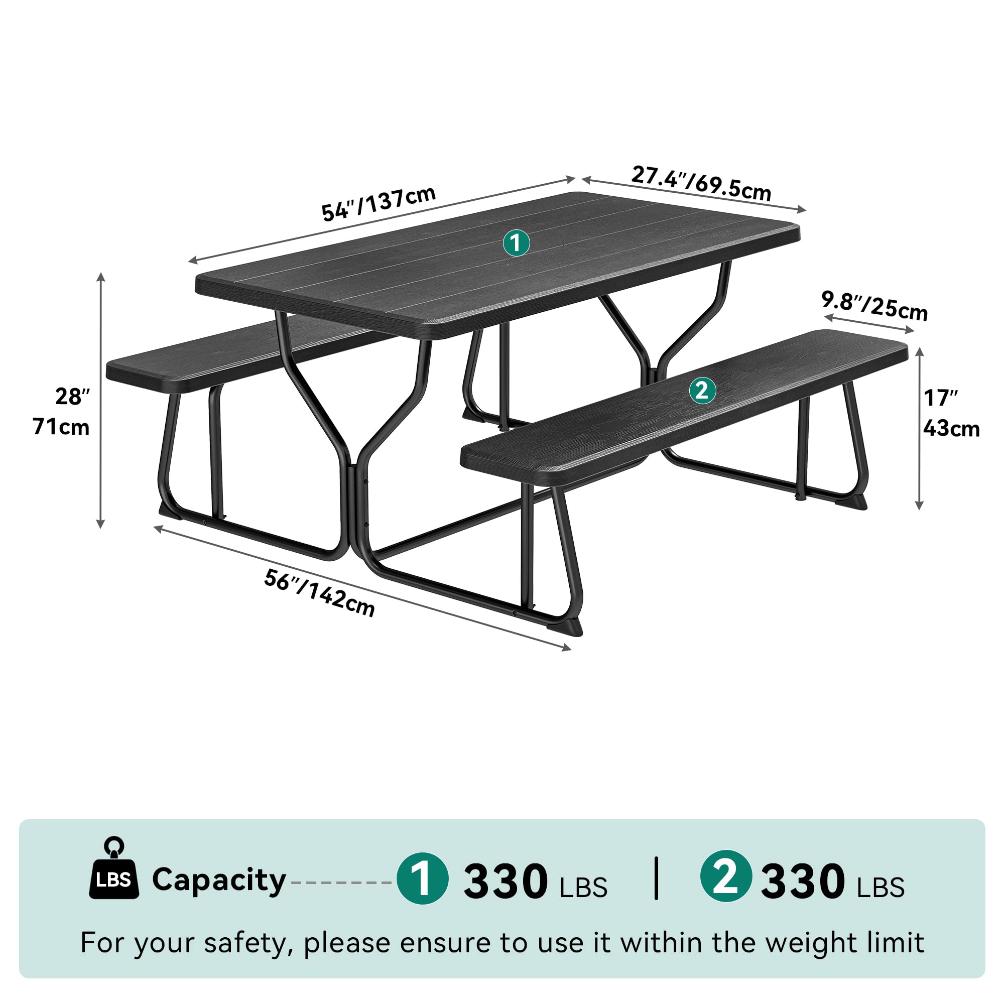 YITAHOME Heavy Duty Outdoor Picnic Table Set with Weather-Resistant Resin Tabletop & Sturdy Steel Frame - Perfect for Backyard, Patio, Lawn, and Outdoor Parties (Black) | Ideal for Family Gatherings, BBQs, and Garden Relaxation