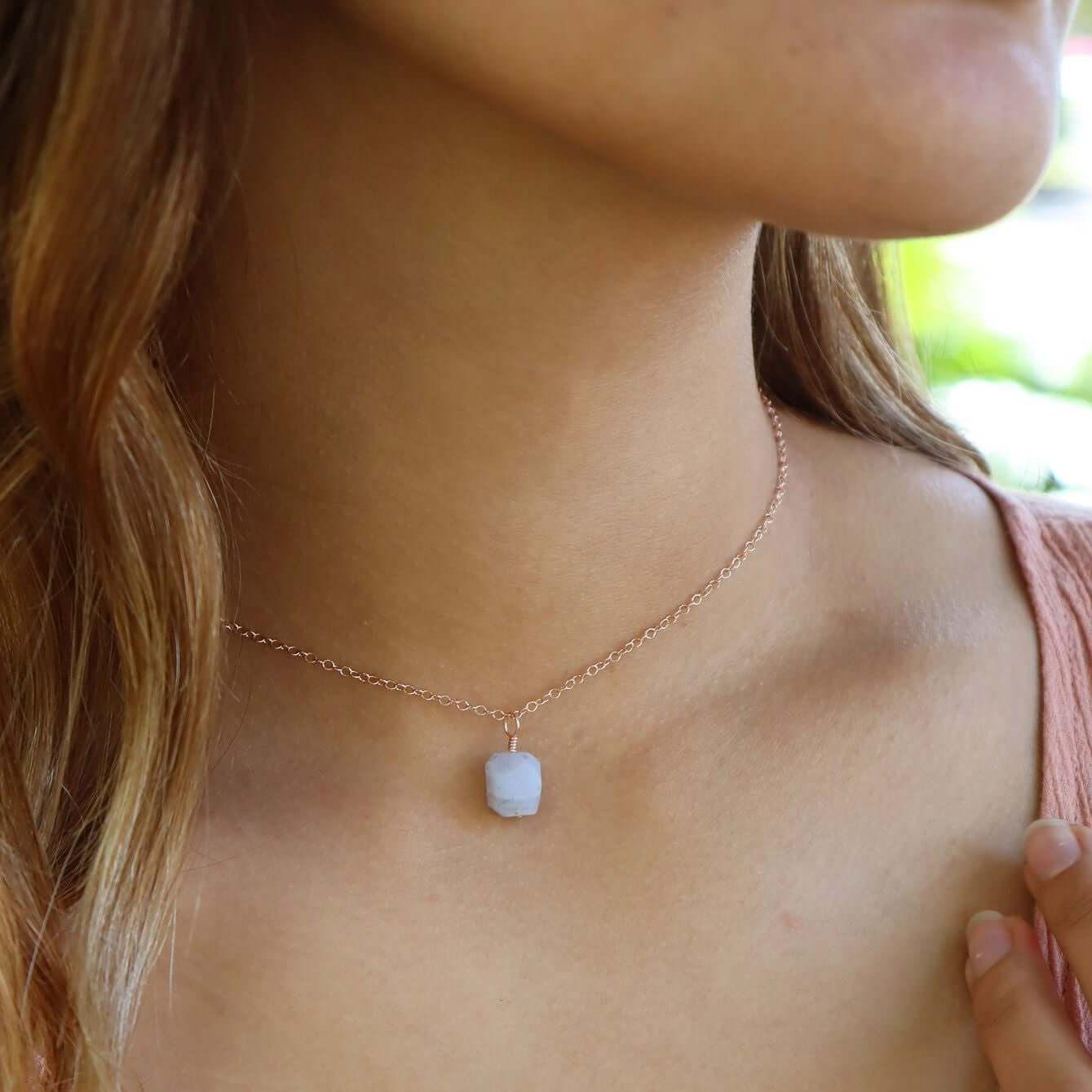 Tiny Rough Blue Lace Agate Gemstone Pendant Choker Necklace - Natural Stone Jewelry for Women, Boho Style Layering Piece - Perfect for Everyday Wear, Gift Giving & Spiritual Healing