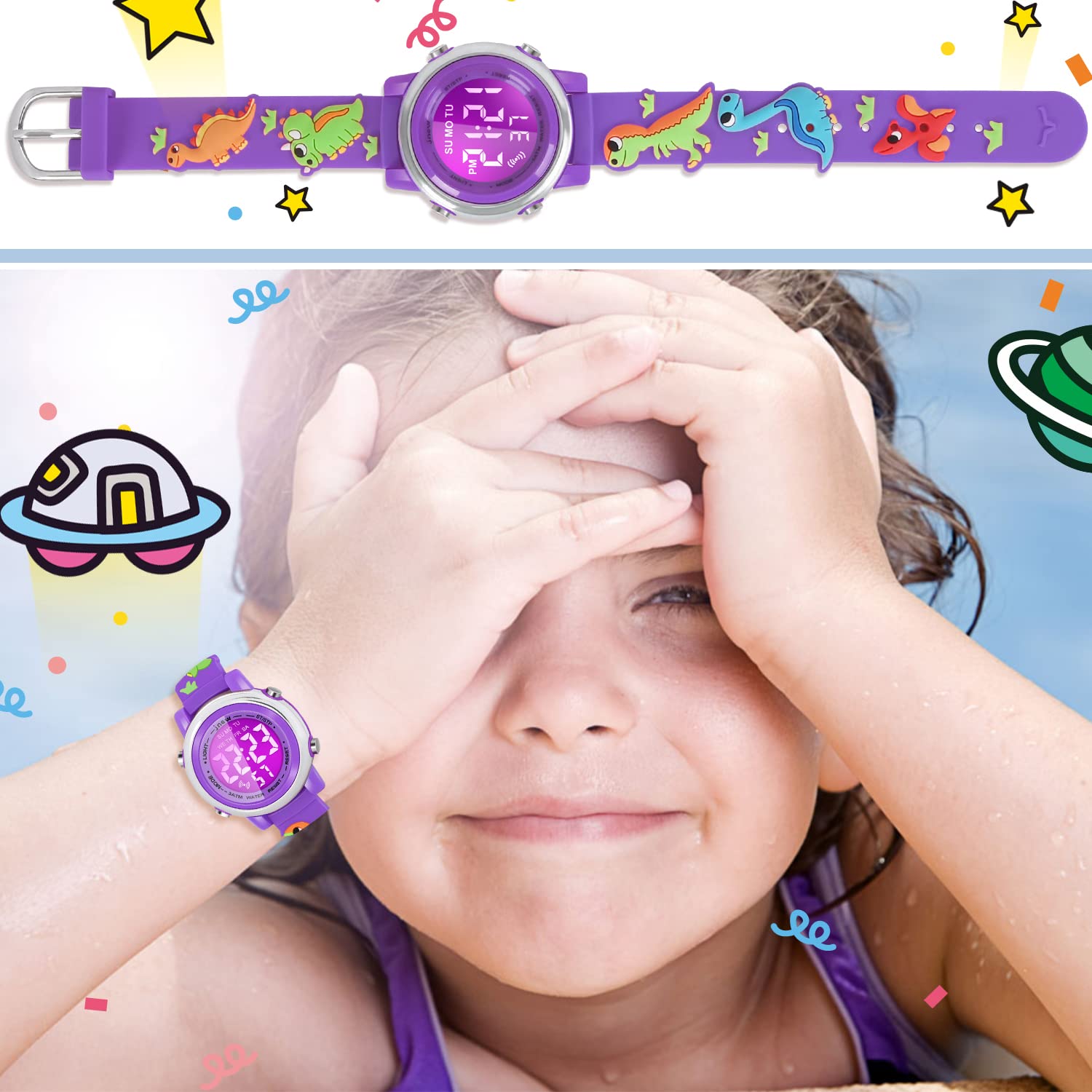Waterproof Kids Watches with Alarm - Dinosaur Themed Digital Watch for Boys & Girls Ages 3-10 - Perfect for Swimming, Outdoor Play & School Activities