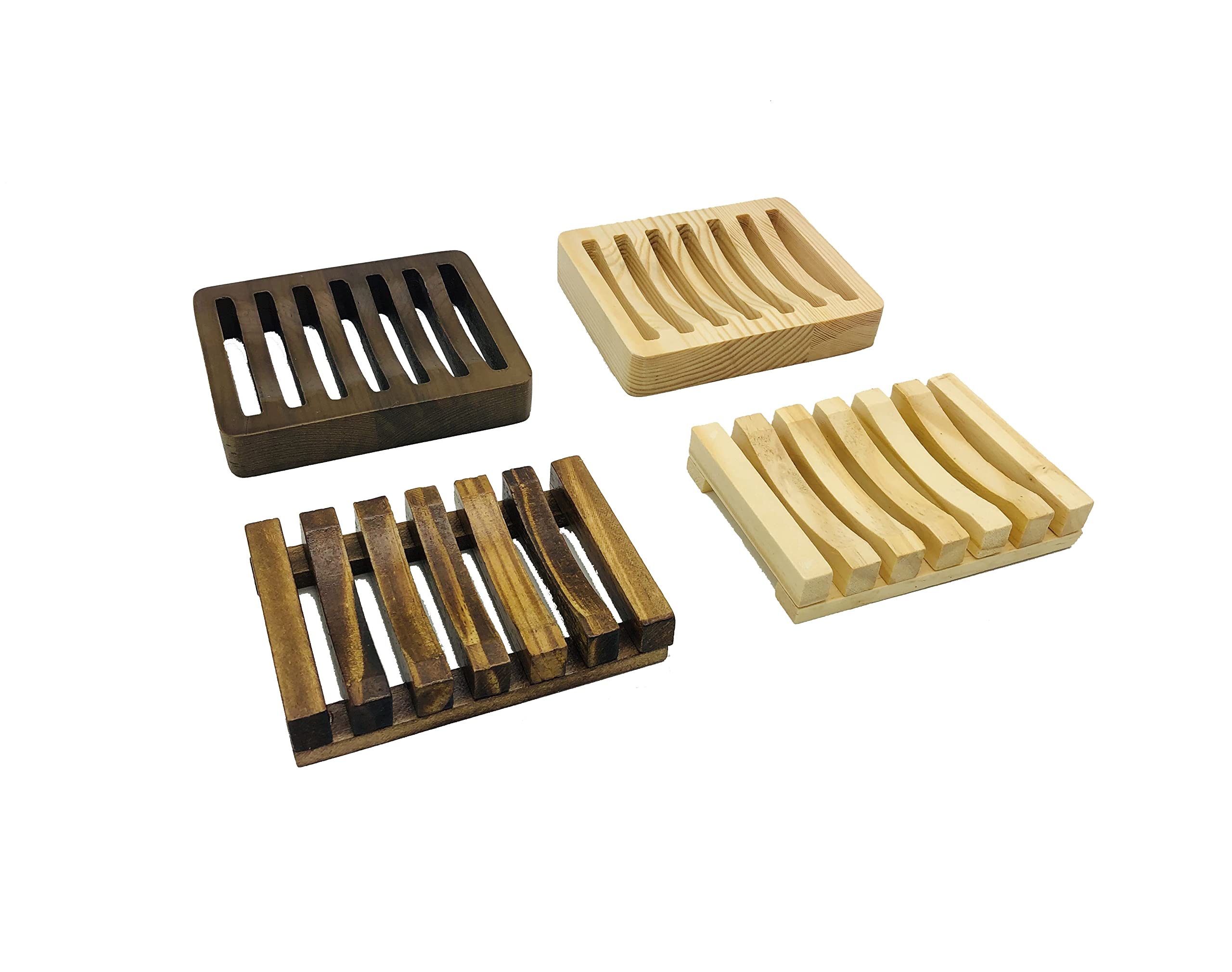 4 Pack Wooden Soap Dishes & 4 Pack Soap Exfoliating Bags - Handmade Self-Draining Soap Holders for Bathroom, Shower, Kitchen | Natural Bamboo Soap Saver with Drainage Holes | Perfect for Spa, Travel & Eco-Friendly Home Use
