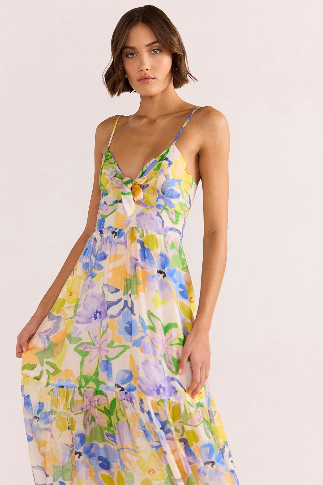 Fable Painterly Floral Tie Midi Dress - Elegant Floral Print Summer Dress for Women, Perfect for Weddings, Garden Parties & Date Nights
