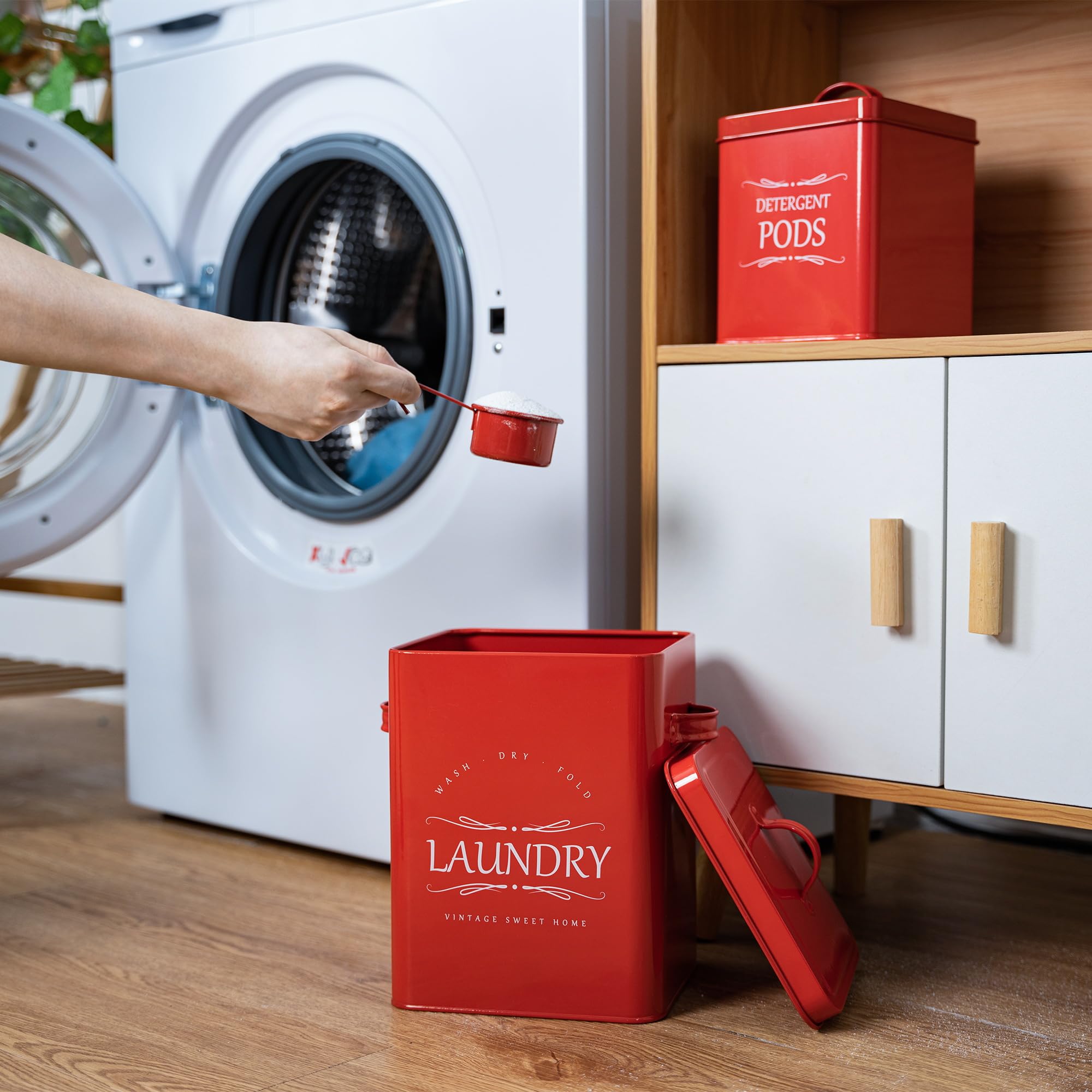 Meraki Home 2-Pack Laundry Detergent Storage Containers with Scoop - Organizer for Detergent Sheets & Pods - Glossy Red Laundry Room Organization Set - Perfect for Small Spaces & Apartment Living