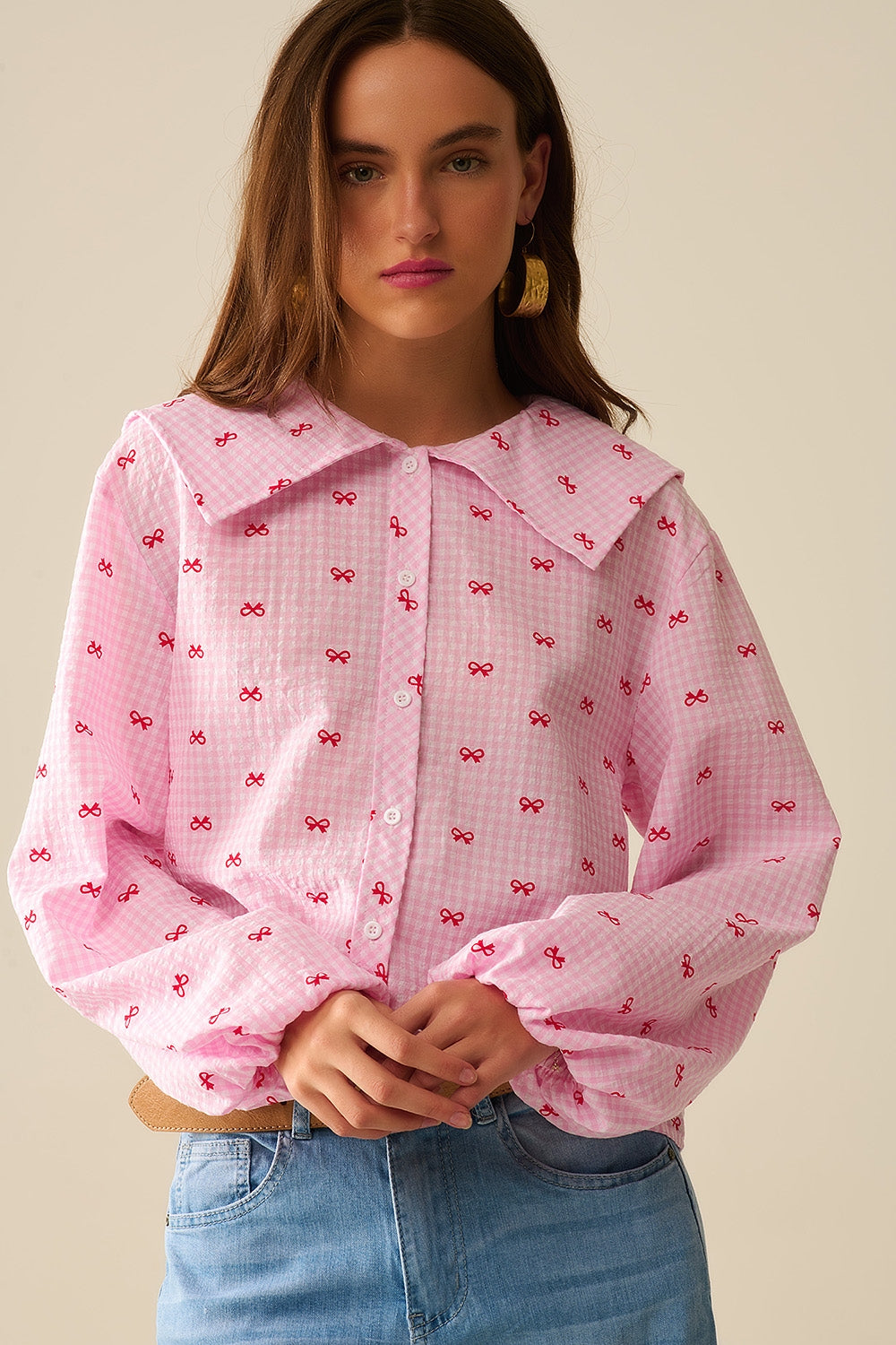 Claudine Collar Vichy Rose Print Blouse with Bow Knots - Perfect for Office Wear, Casual Outfits, and Spring Summer Fashion