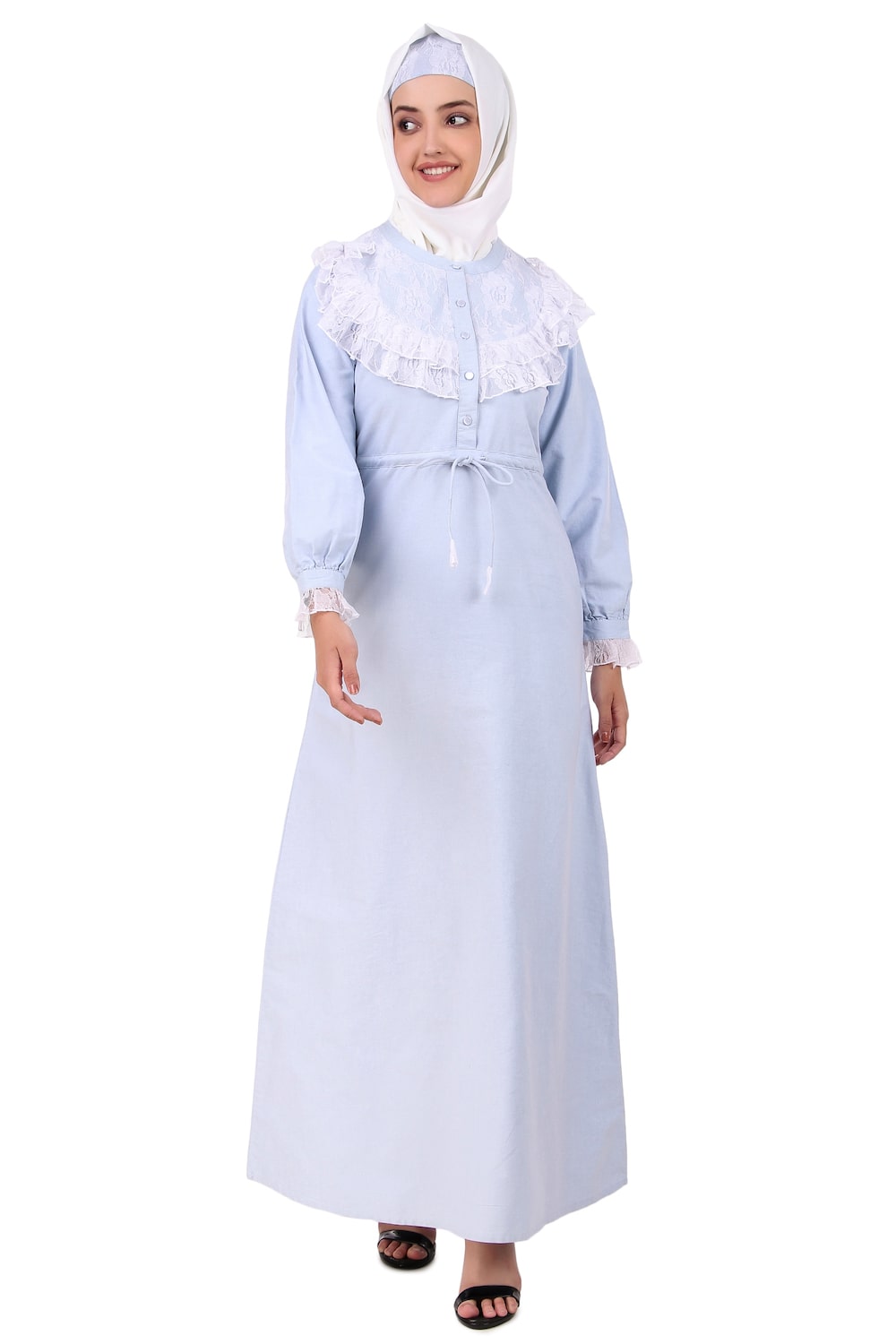 Elegant Drawstring Lace Embellished Cotton Chambray Abaya Dress - Modest Muslim Prayer Dress for Women, Perfect for Mosque, Eid and Special Occasions