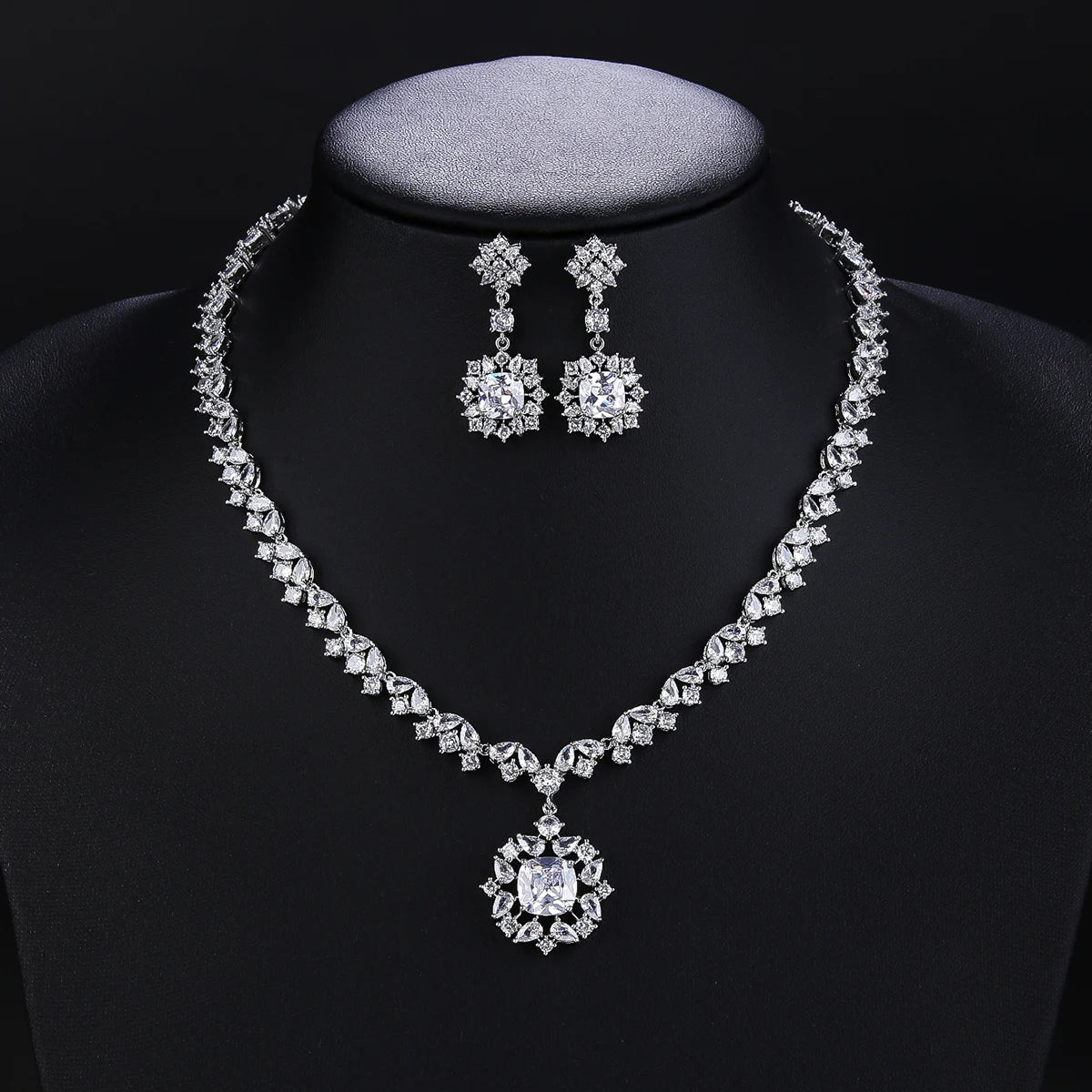 Elegant Cubic Zirconia Pendant Necklace & Earrings Set for Women - Bridal Wedding Jewelry Gift - Perfect for Anniversary, Engagement & Special Occasions