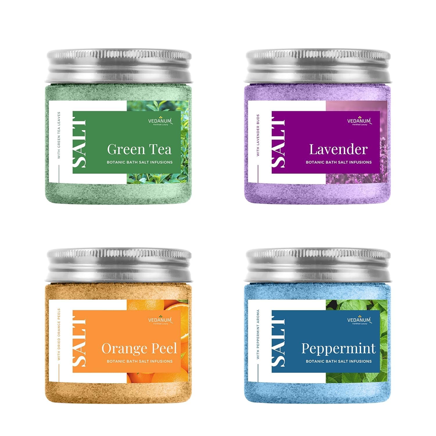 Organic Green Tea, Lavender, Orange & Peppermint Bath Salt Combo - 4 Pack (100g Each Jar) for Relaxation, Aromatherapy & Spa Treatment at Home